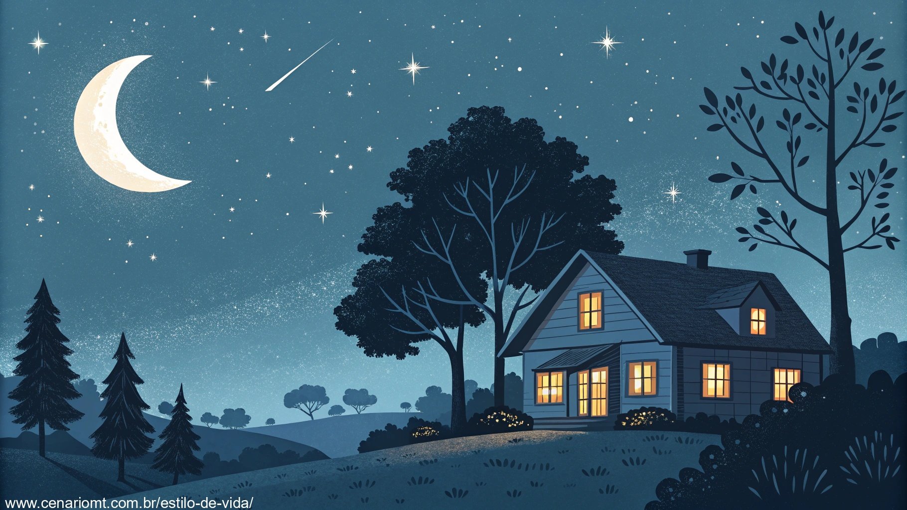 Imagem de uma noite serena com lua crescente e céu estrelado, ideal para mensagem de boa noite