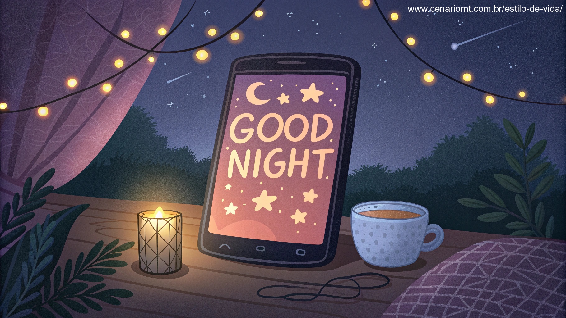 imagem de um celular sobre uma mesa ao lado de uma cama, iluminado, representando mensagens de boa noite no Whatsapp