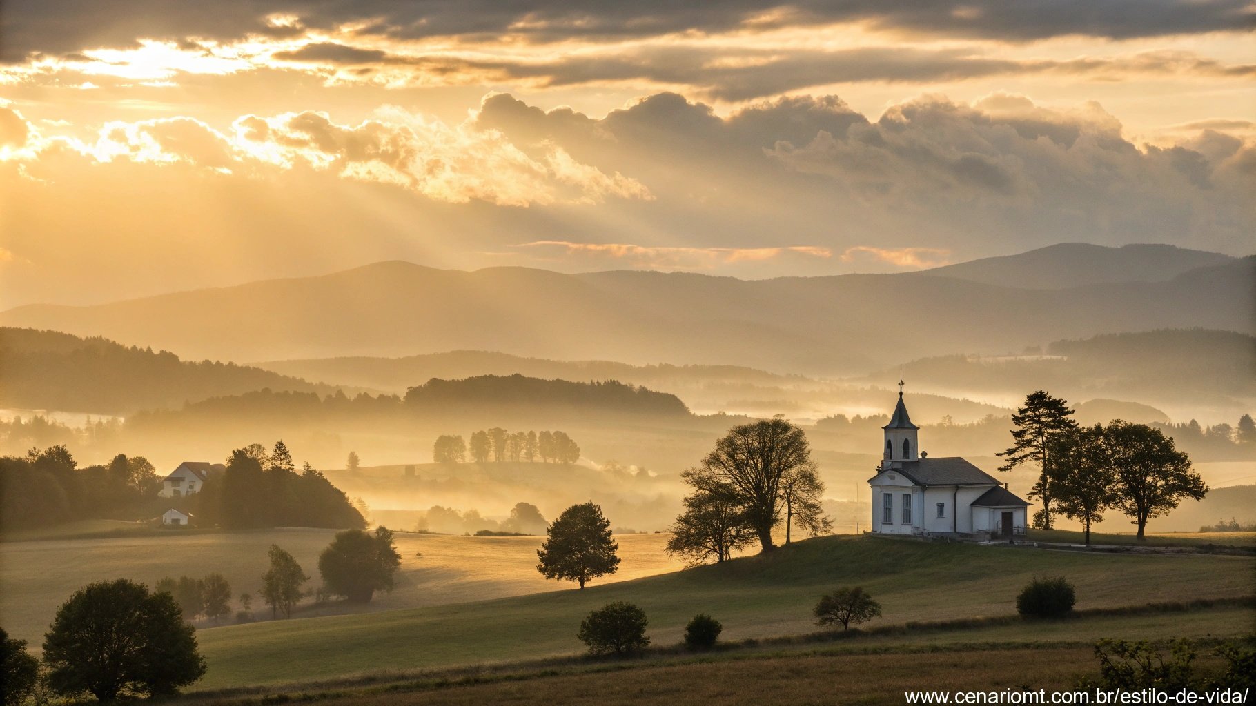 Imagem de uma paisagem matinal iluminada com raios de sol dourados, representando paz e bênçãos divinas.