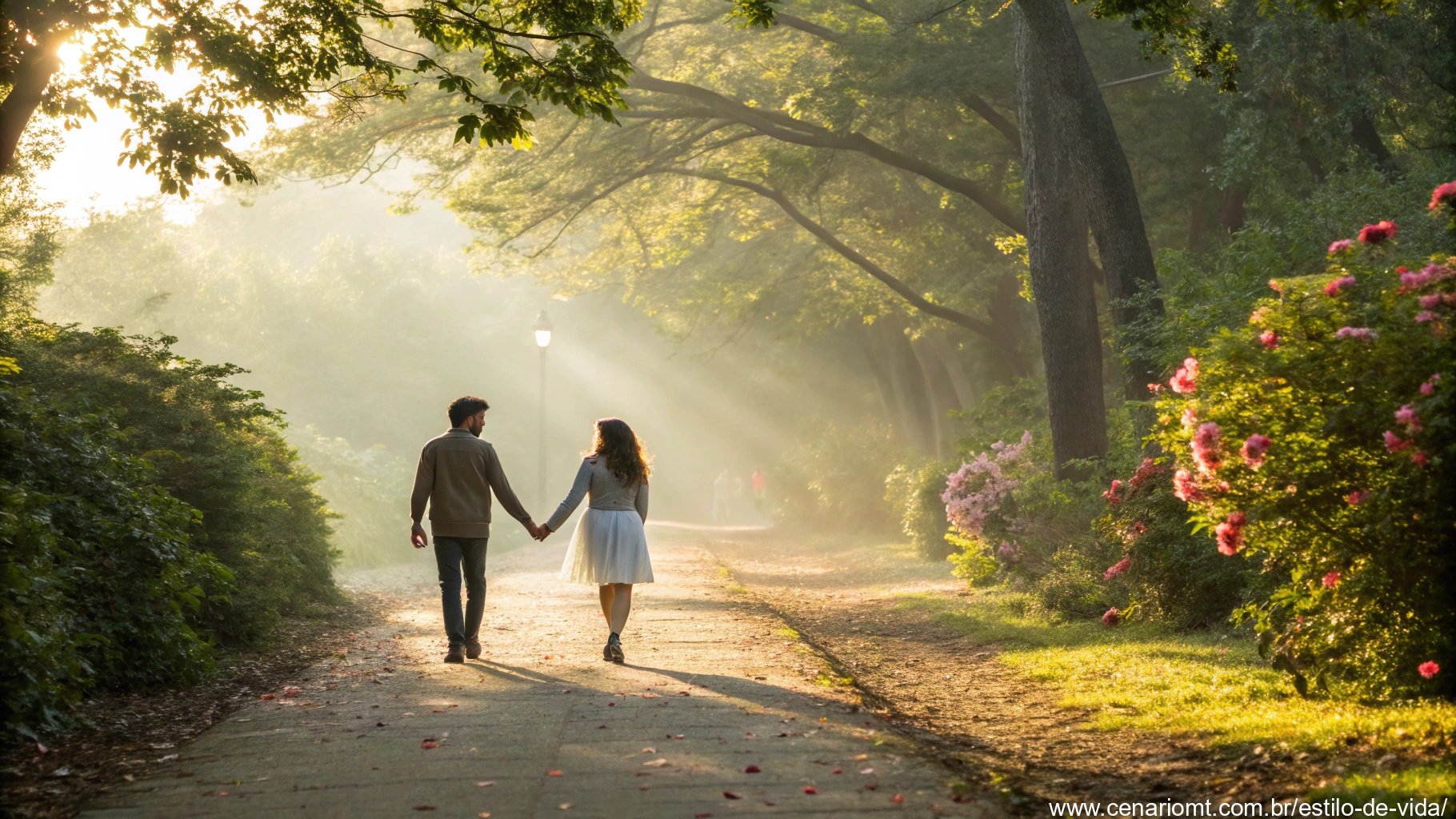 Casal romântico aproveitando a manhã de sábado em um ambiente natural e iluminado pelo sol.