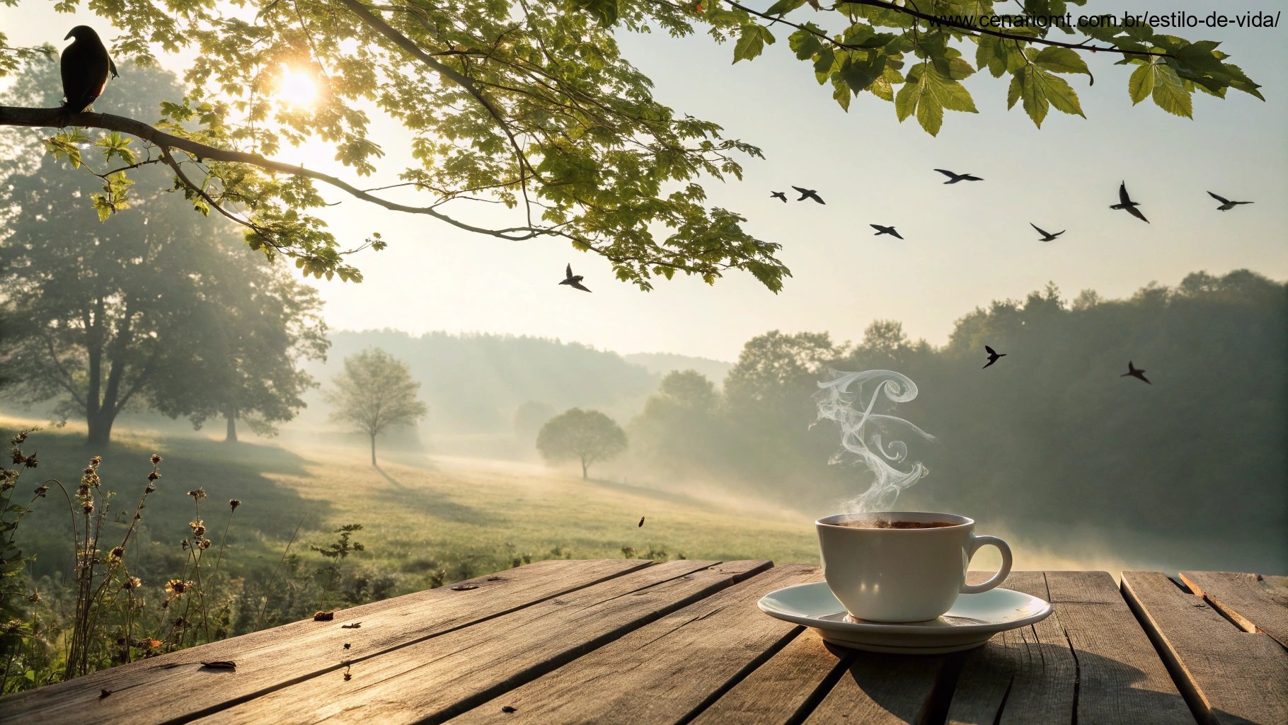 imagem de um sábado de manhã tranquilo com luz suave e uma xícara de café