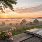 imagem de uma bíblia aberta em uma mesa ao amanhecer em um cenário campestre, representando fé e reflexão