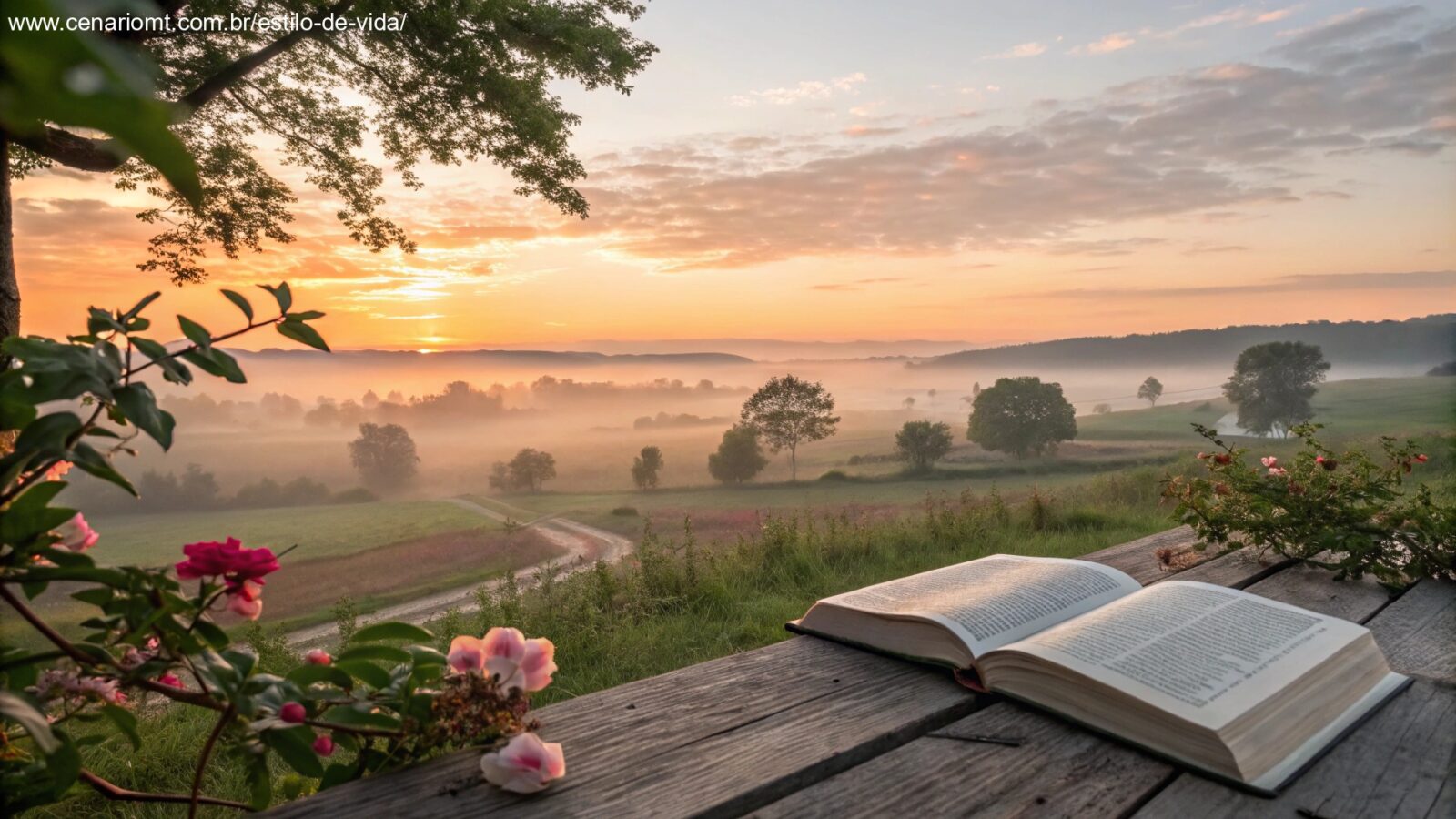 imagem de uma bíblia aberta em uma mesa ao amanhecer em um cenário campestre, representando fé e reflexão