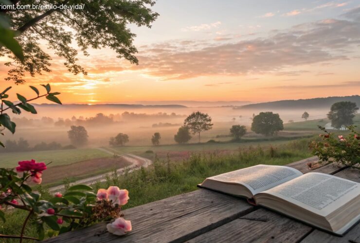 imagem de uma bíblia aberta em uma mesa ao amanhecer em um cenário campestre, representando fé e reflexão