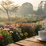 Imagem de um cenário matinal tranquilo com flores e uma xícara de café, representando positividade.