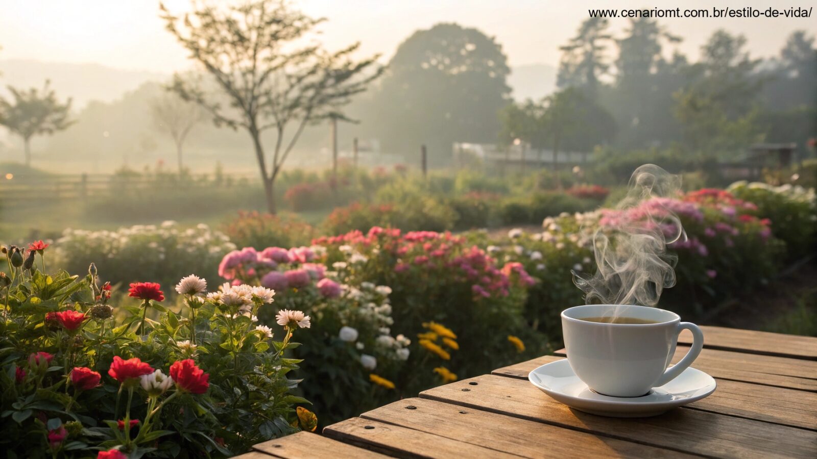 Imagem de um cenário matinal tranquilo com flores e uma xícara de café, representando positividade.