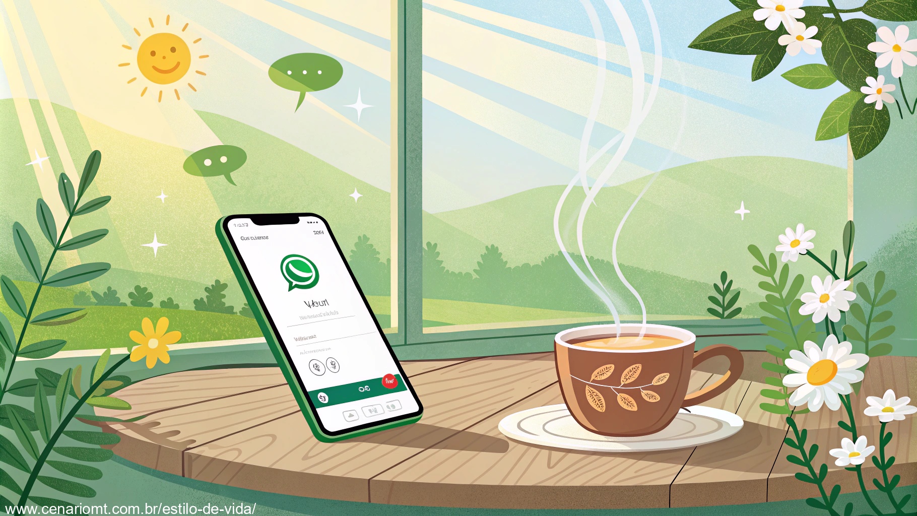imagem de um sábado ensolarado com smartphone e WhatsApp aberto