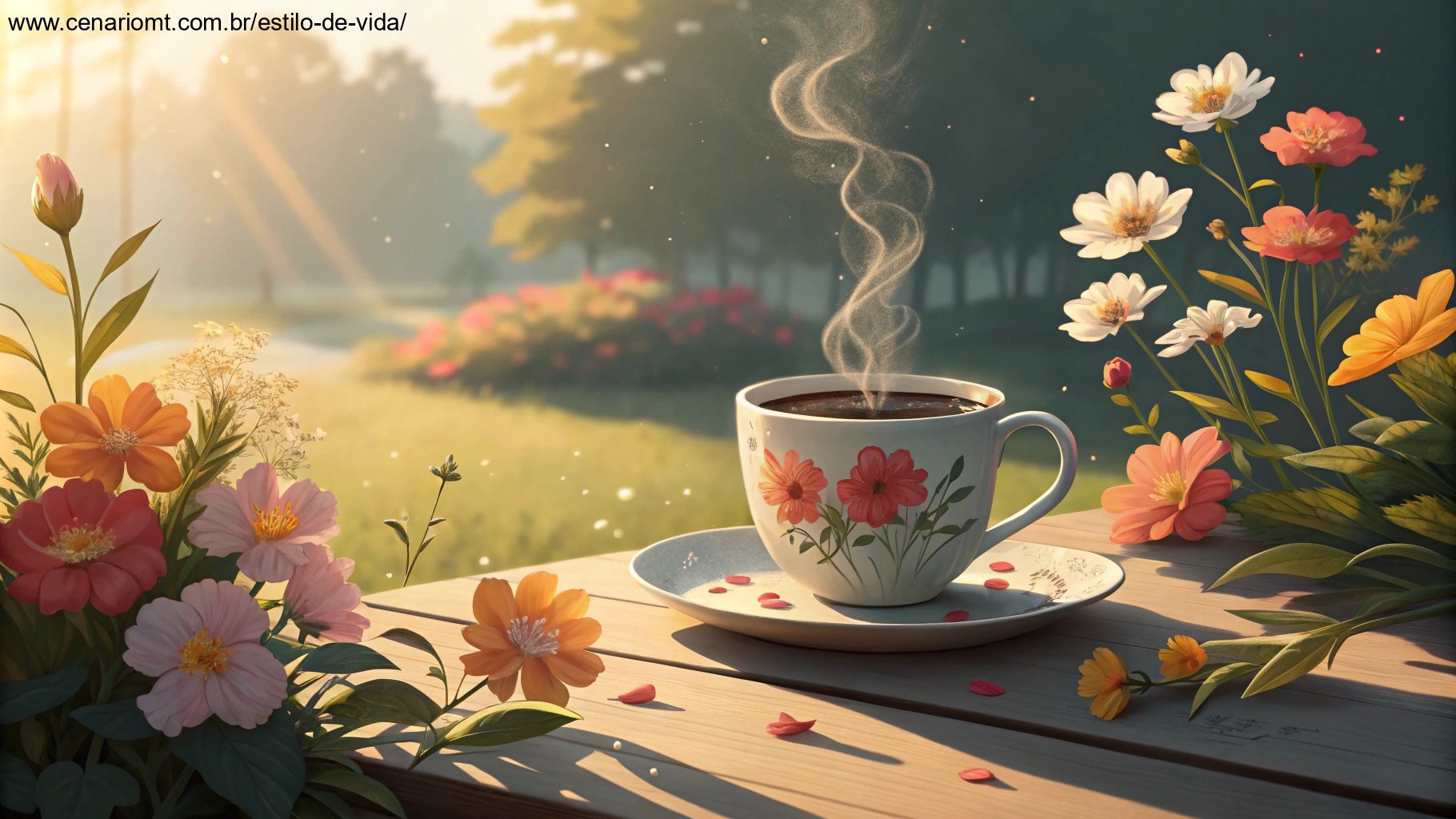 imagem de uma xícara de café sobre a mesa iluminada pelo sol, cercada por flores