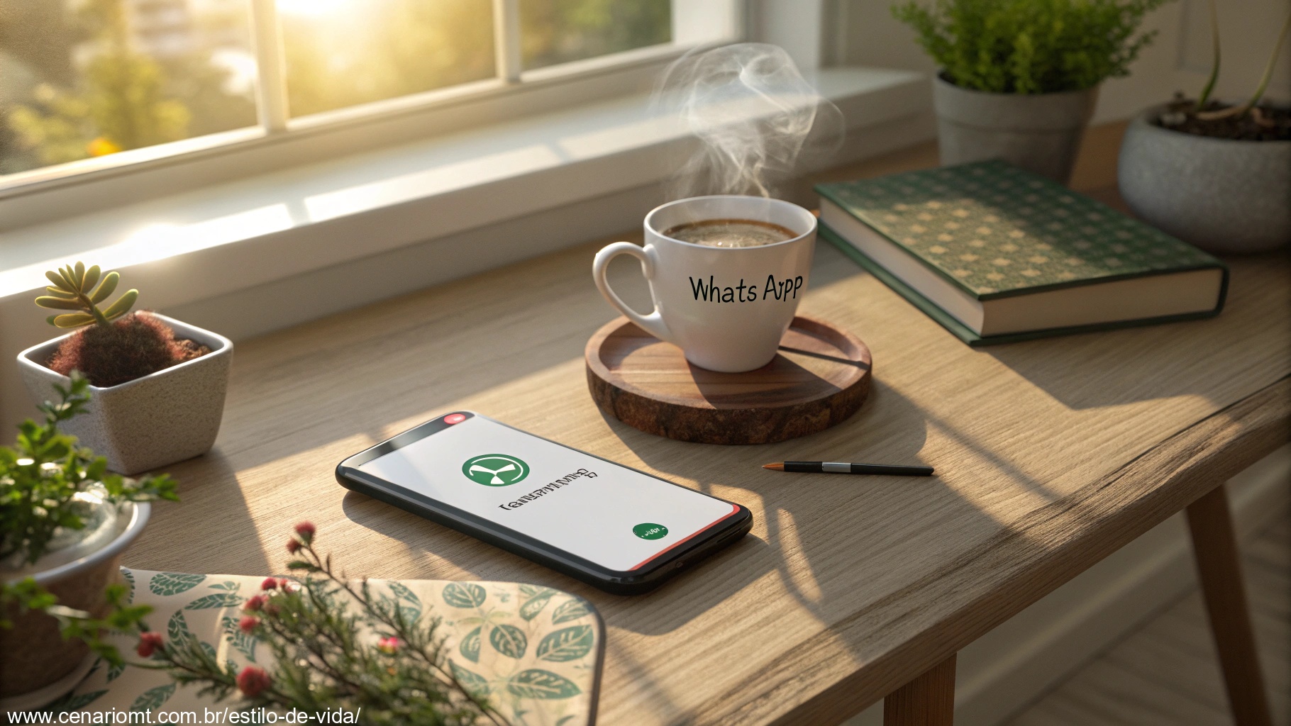 Imagem de uma manhã de domingo tranquila com uma xícara de café e luz do sol entrando pela janela.