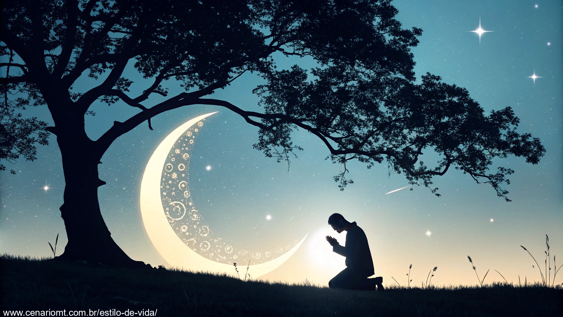 imagem de noite tranquila com lua e pessoa em oração, simbolizando bênçãos e paz