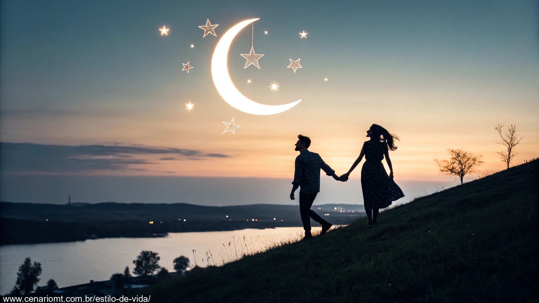 Imagem romântica de um casal sob a luz da lua e estrelas
