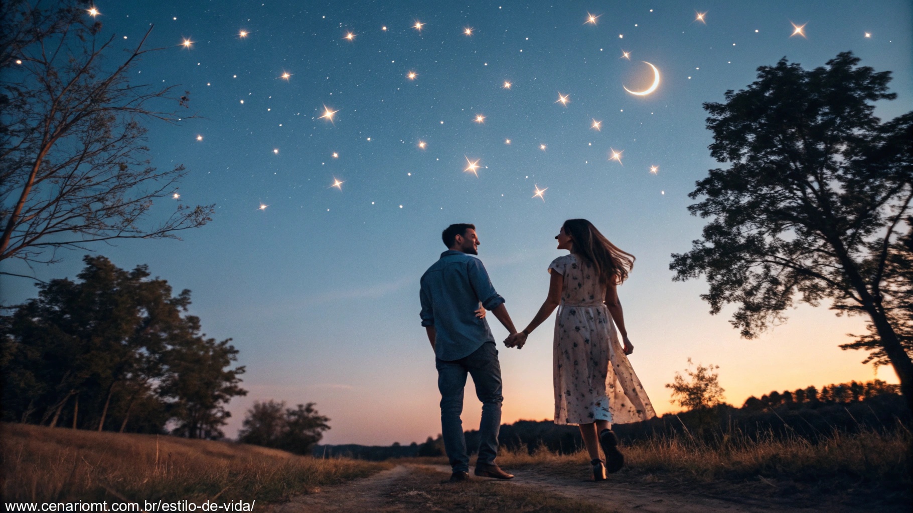 Imagem romântica de um casal sob um céu estrelado à noite
