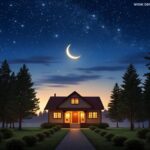 Imagem de um céu noturno estrelado com uma lua crescente e uma casa aconchegante iluminada.