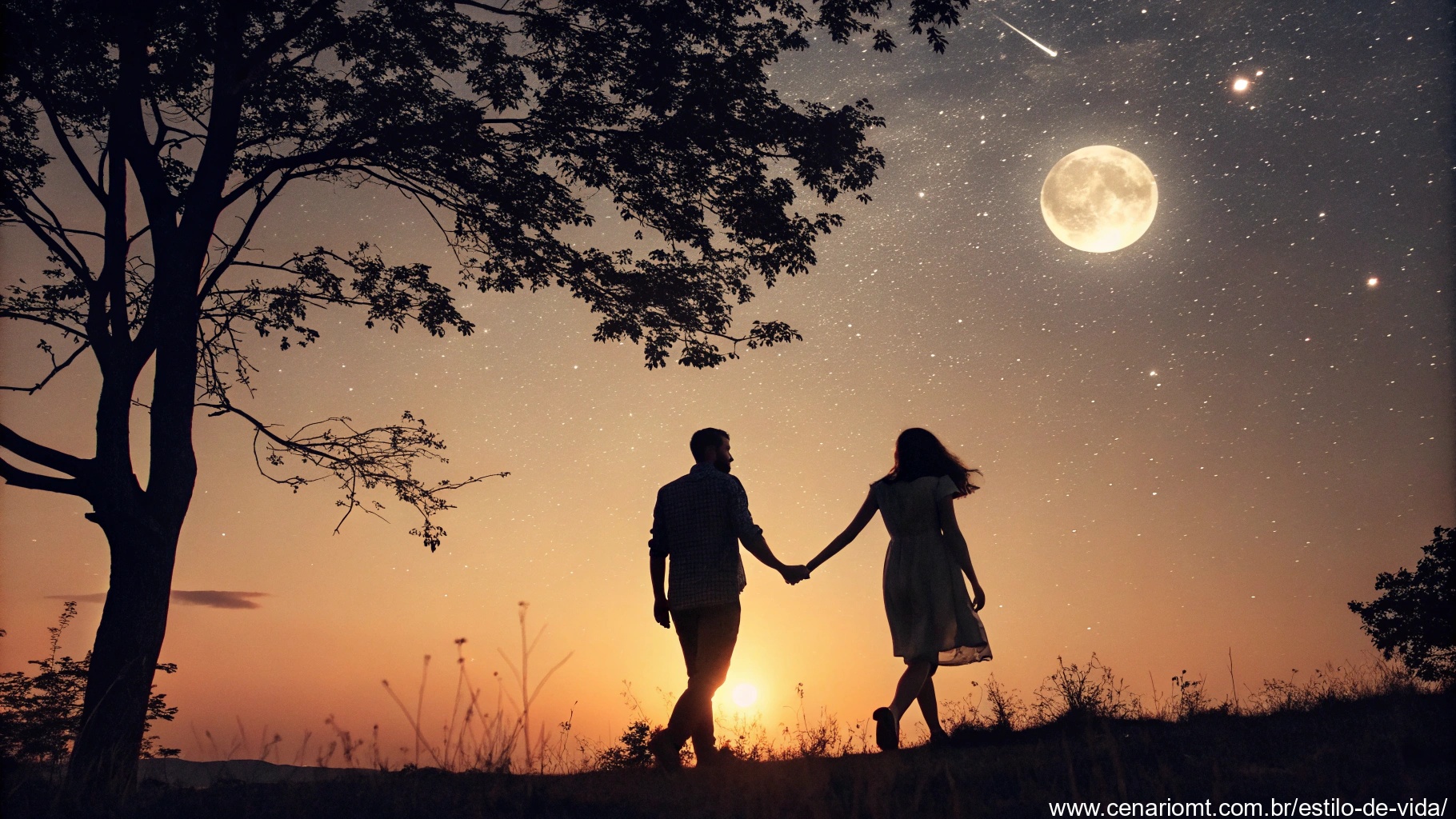 Casal romântico sob um céu estrelado em uma noite tranquila