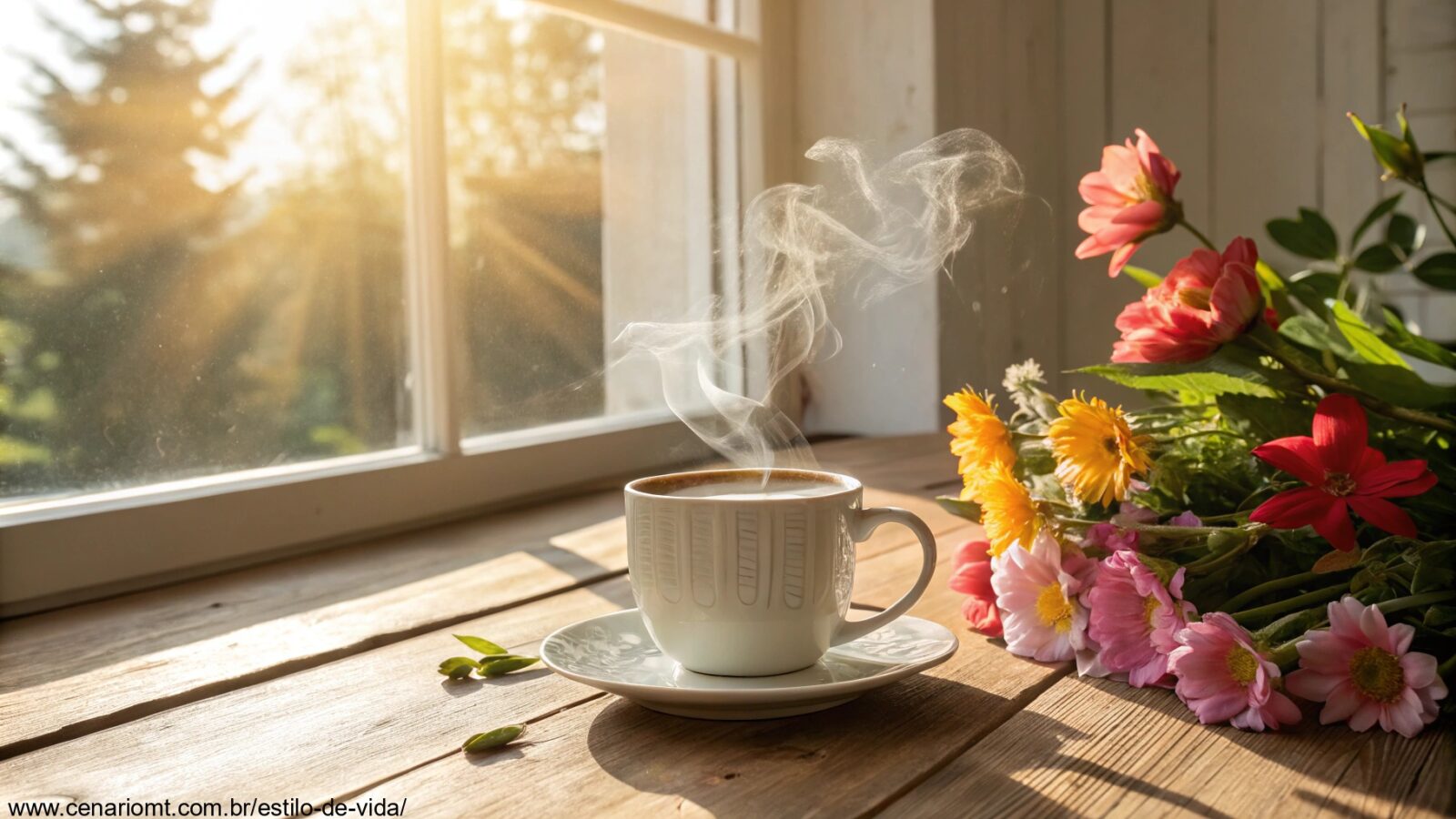Cena de manhã acolhedora com café e flores em uma sexta-feira especial