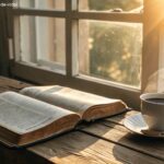 imagem de uma bíblia sobre uma mesa ao amanhecer com uma xícara de café ao lado