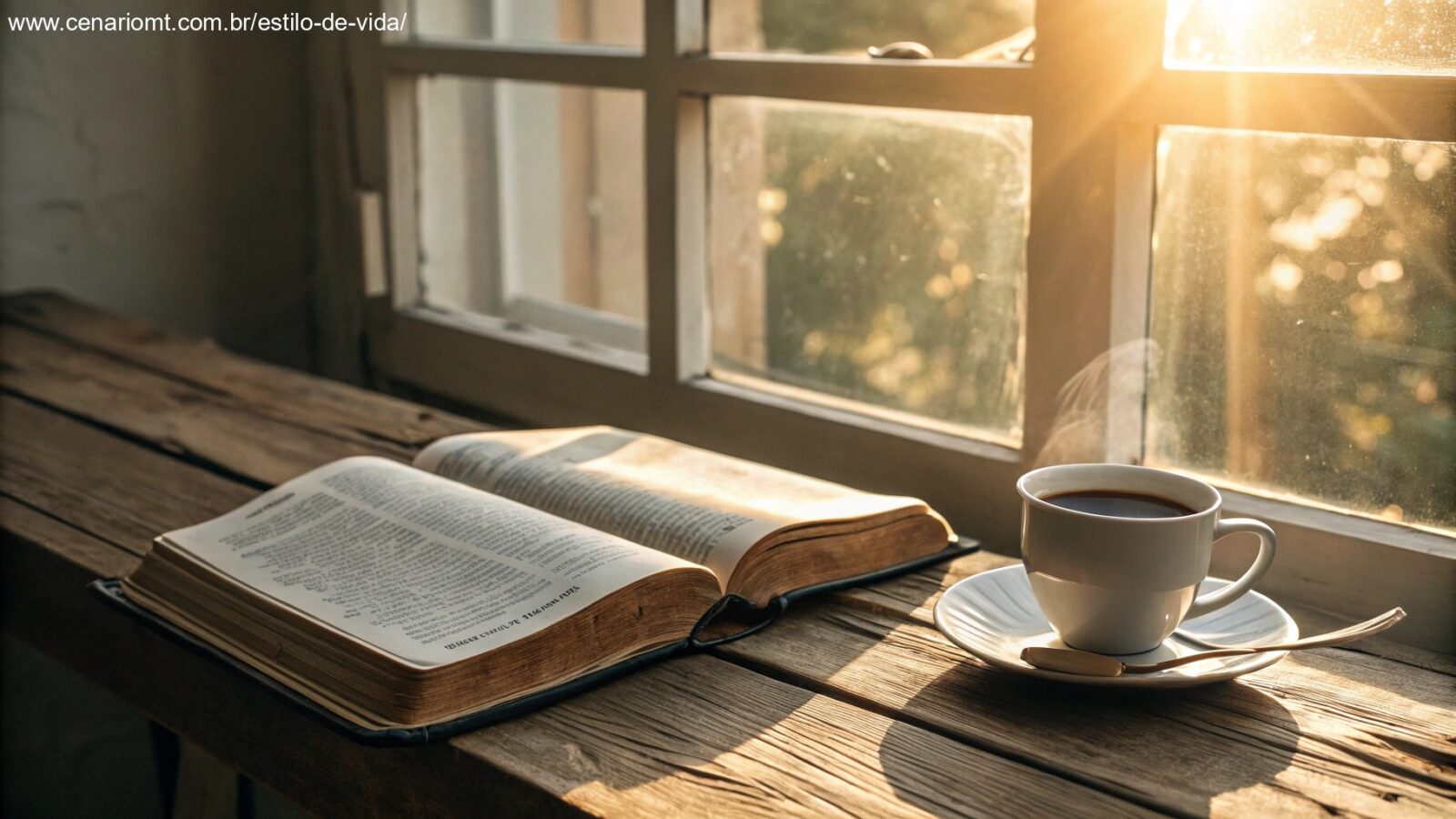 imagem de uma bíblia sobre uma mesa ao amanhecer com uma xícara de café ao lado