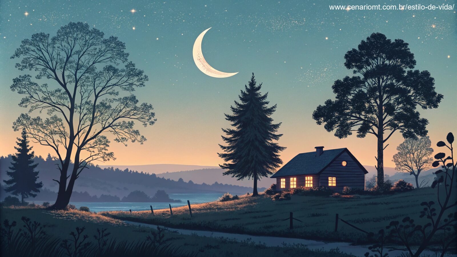 Imagem de um cenário noturno tranquilo com uma lua crescente brilhando sobre a paisagem campestre.