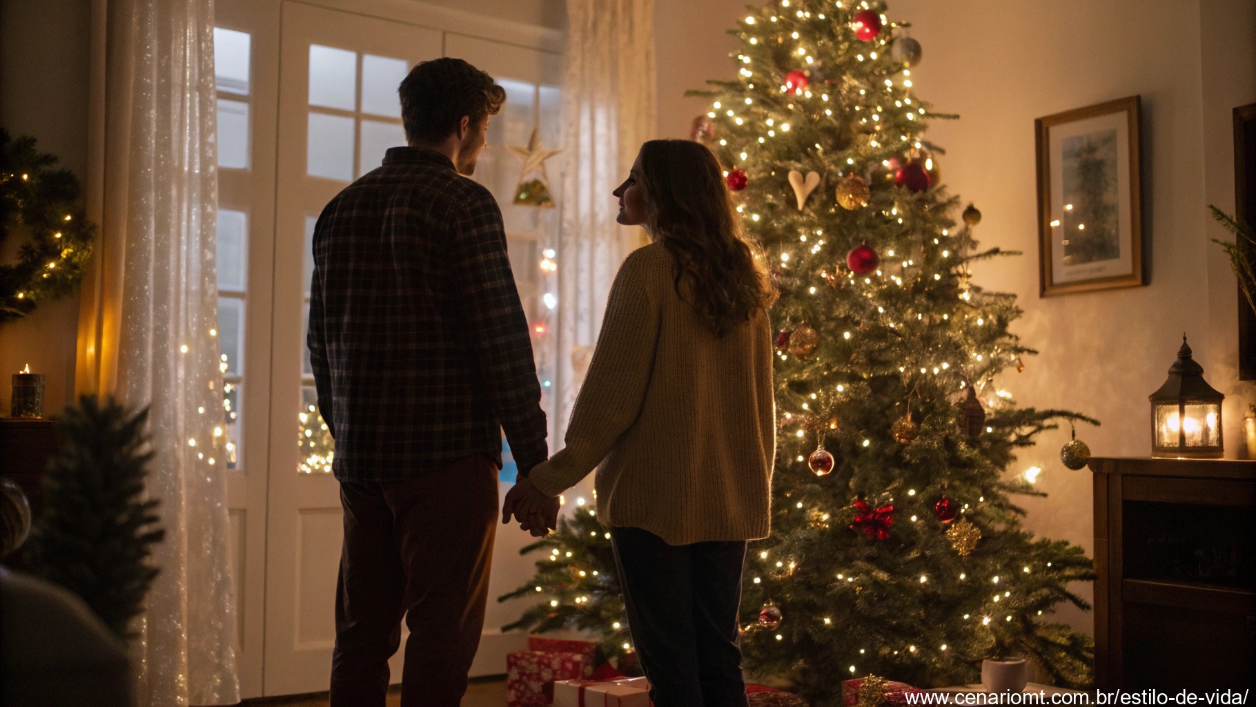 imagem de um casal apaixonado ao lado de uma árvore de Natal iluminada, representando mensagens de bom dia de Natal