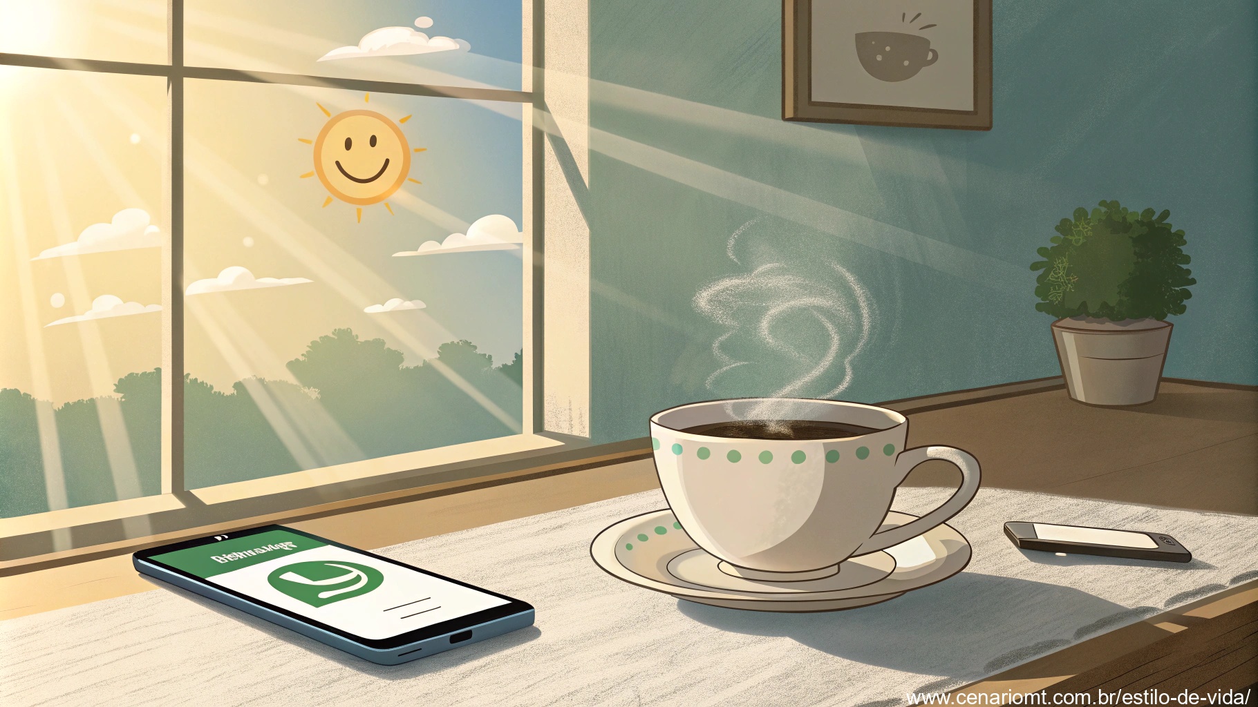 Imagem de um cenário de manhã tranquila com céu ensolarado e um café ao lado de um celular com WhatsApp aberto.