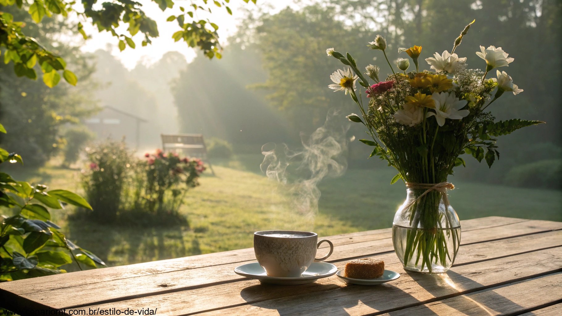 Imagem de um cenário tranquilo de manhã com raios de sol e xícara de café, perfeito para transmitir mensagens positivas.