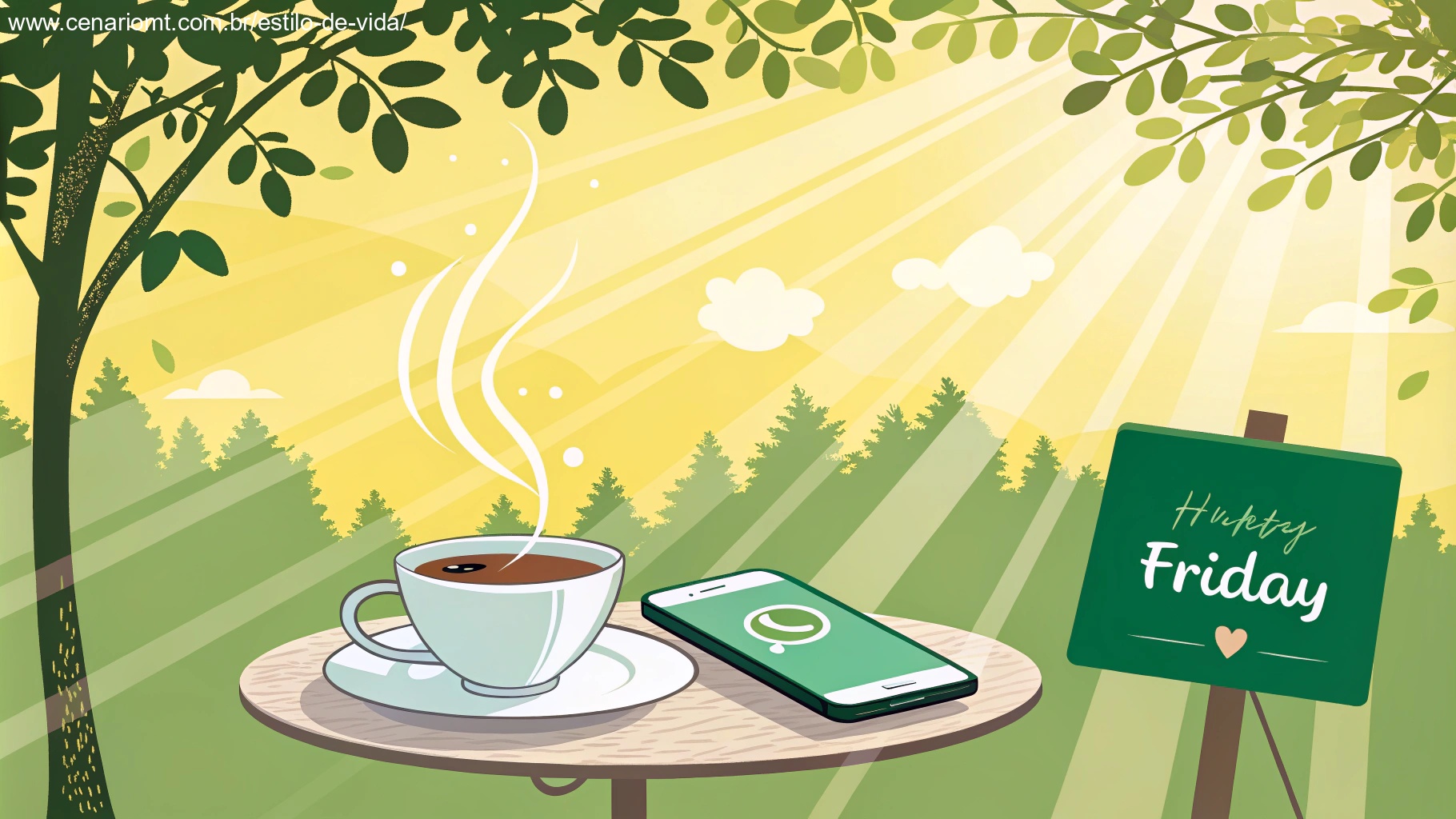 imagem de um amanhecer ensolarado com uma xícara de café e um celular com notificação do WhatsApp