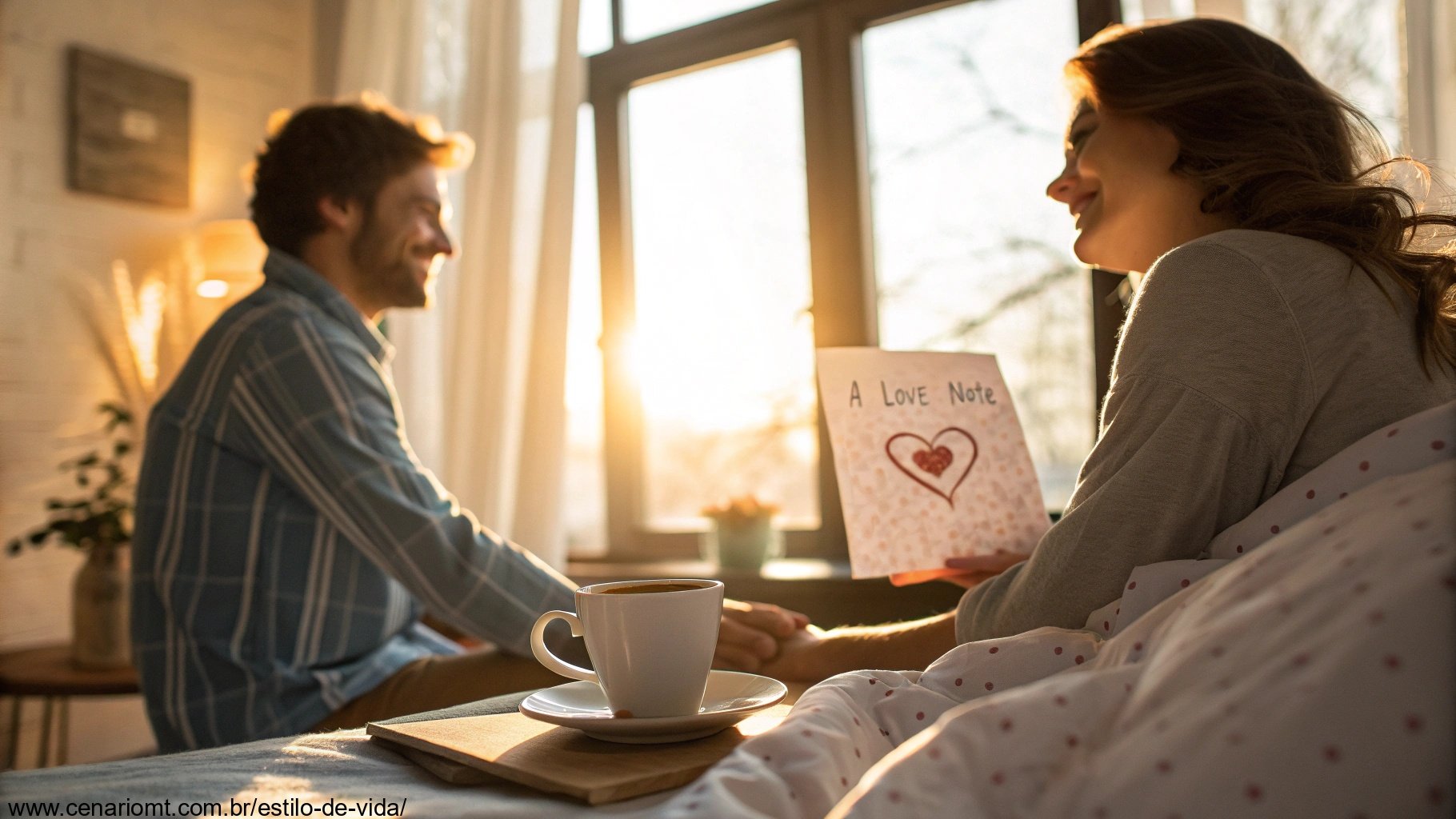 Imagem de um casal apaixonado em uma manhã romântica com luz do sol entrando pela janela.