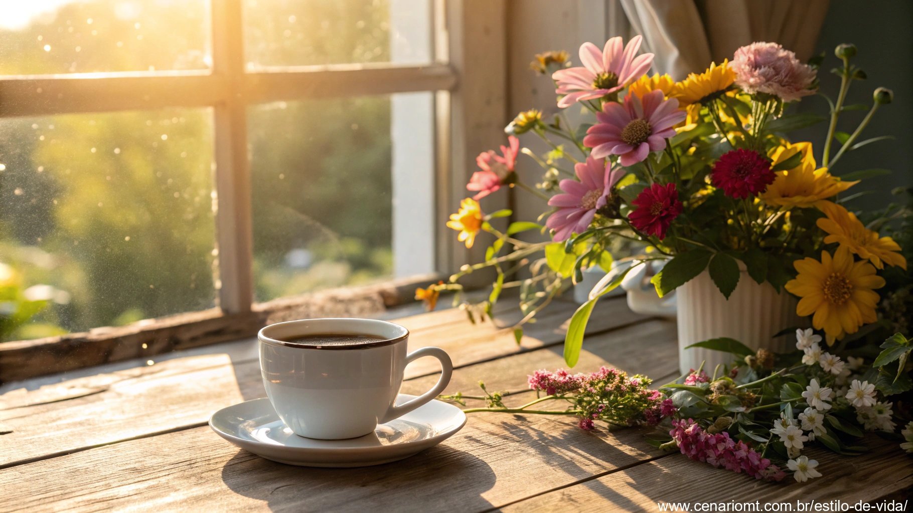Café da manhã ensolarado de sábado com flores e luz natural, simbolizando positividade.