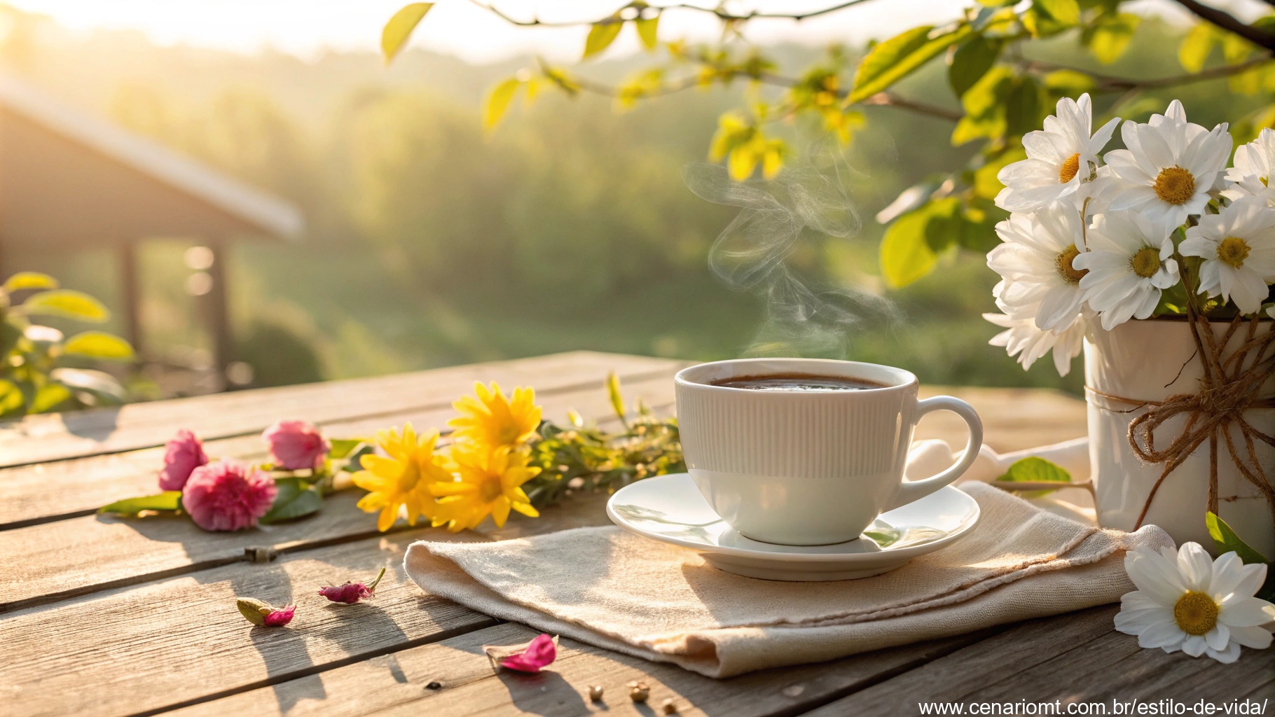 imagem de uma manhã de sábado ensolarada com café e flores, representando carinho e serenidade
