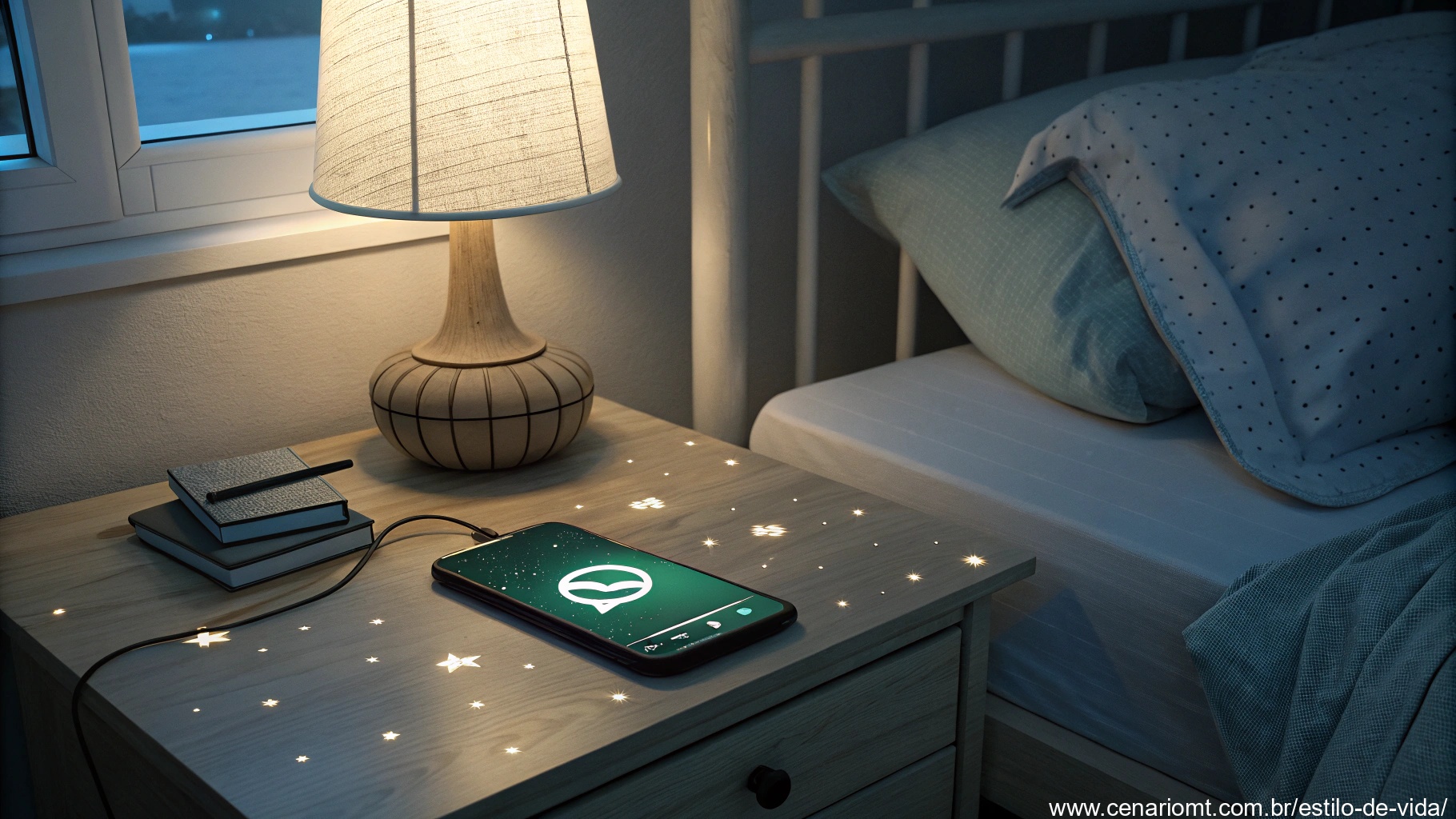 Imagem de celular em uma mesa de cabeceira iluminada à noite, simbolizando o envio de mensagens de boa noite no Whatsapp