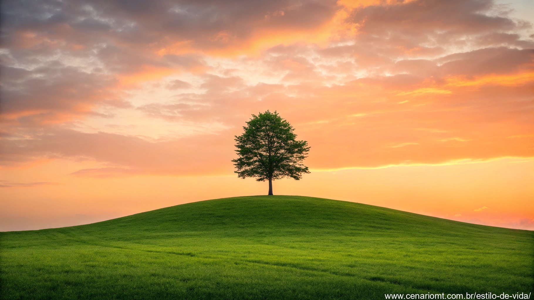 Imagem de um nascer do sol sobre uma colina verde com uma árvore solitária, simbolizando fé e esperança.