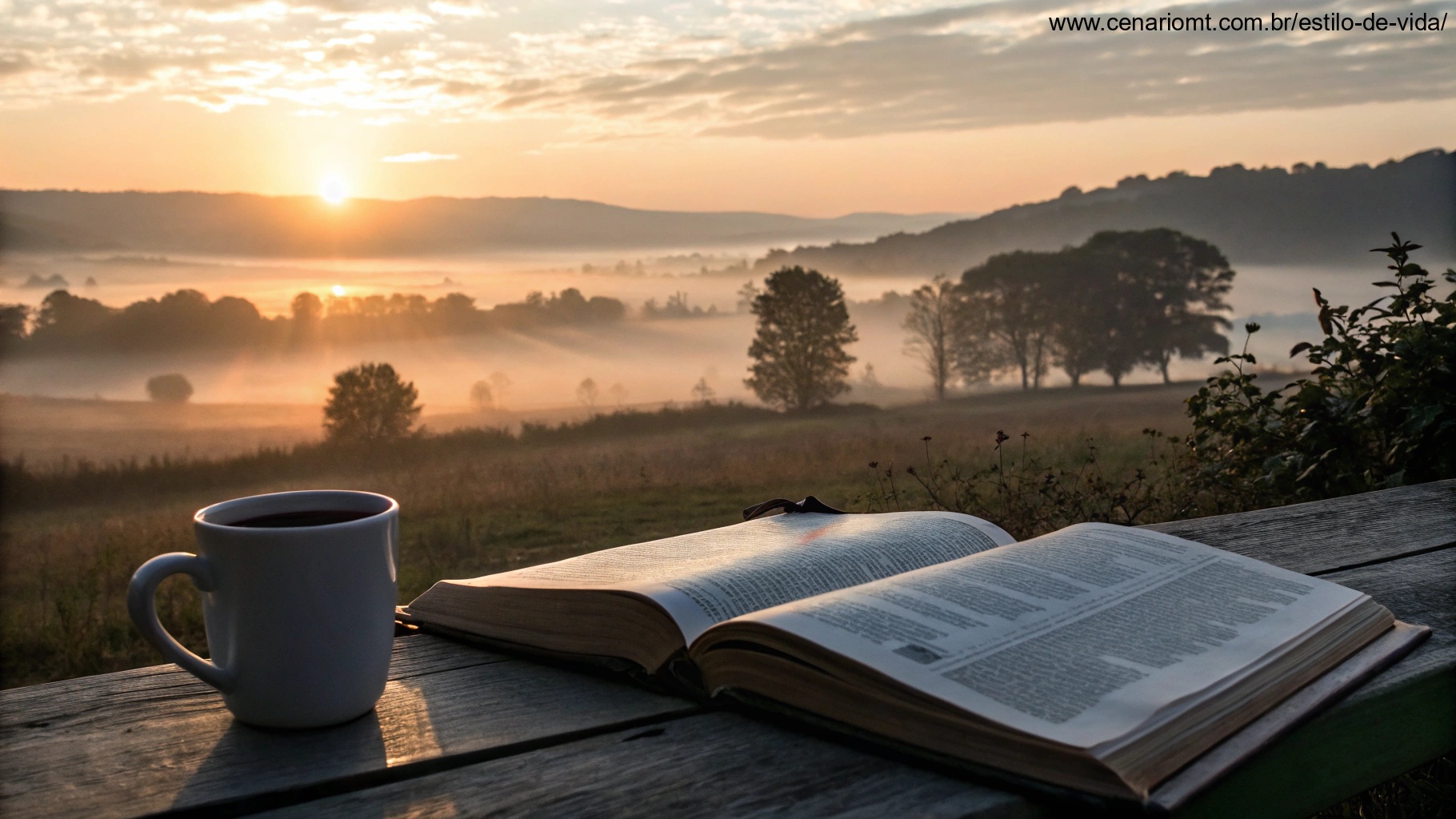 Imagem de um nascer do sol tranquilo com uma Bíblia aberta e uma xícara de café, simbolizando fé e devoção matinal.