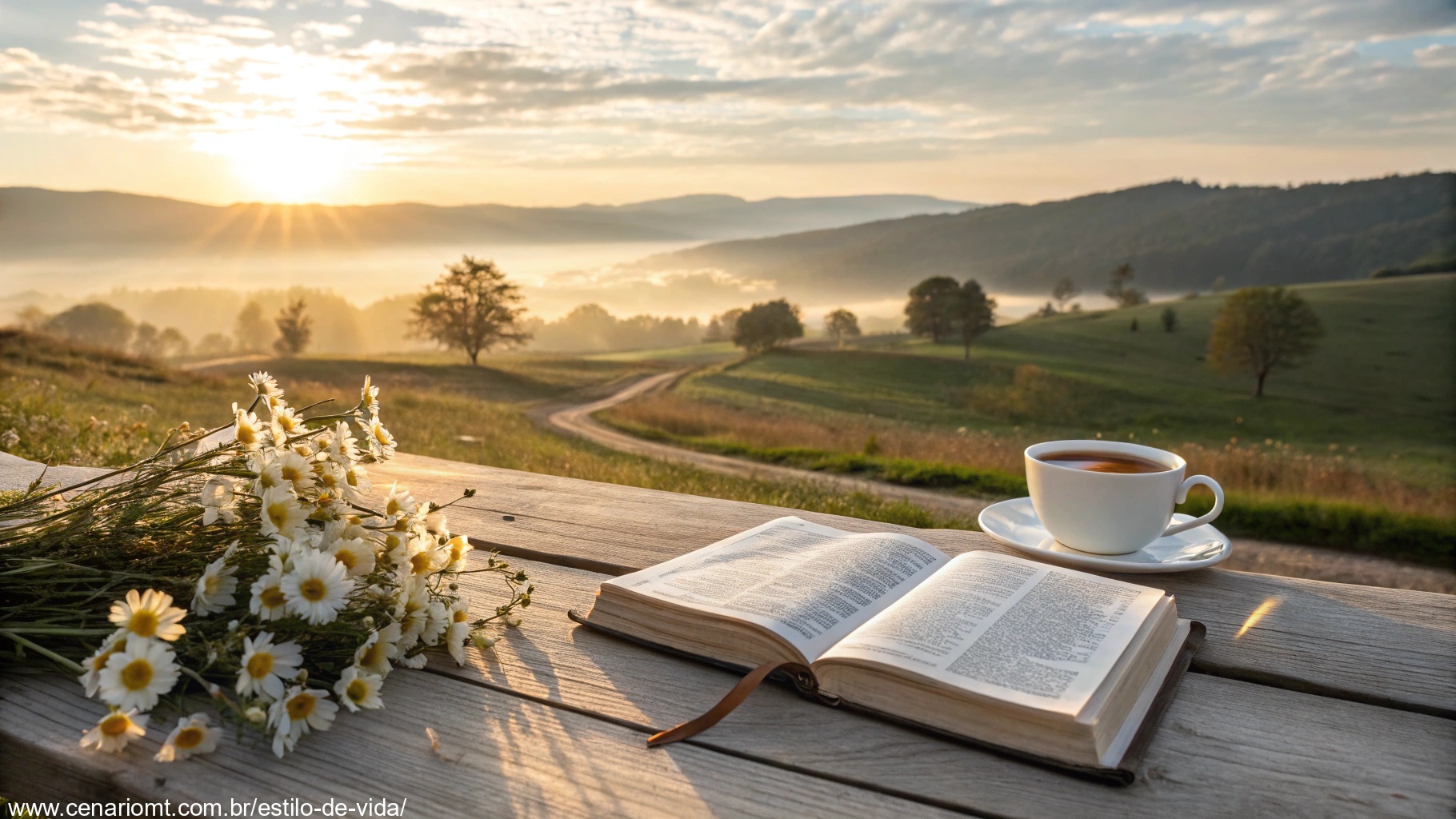imagem de um nascer do sol sereno sobre o campo, com uma Bíblia sobre a mesa de madeira, representando fé e inspiração