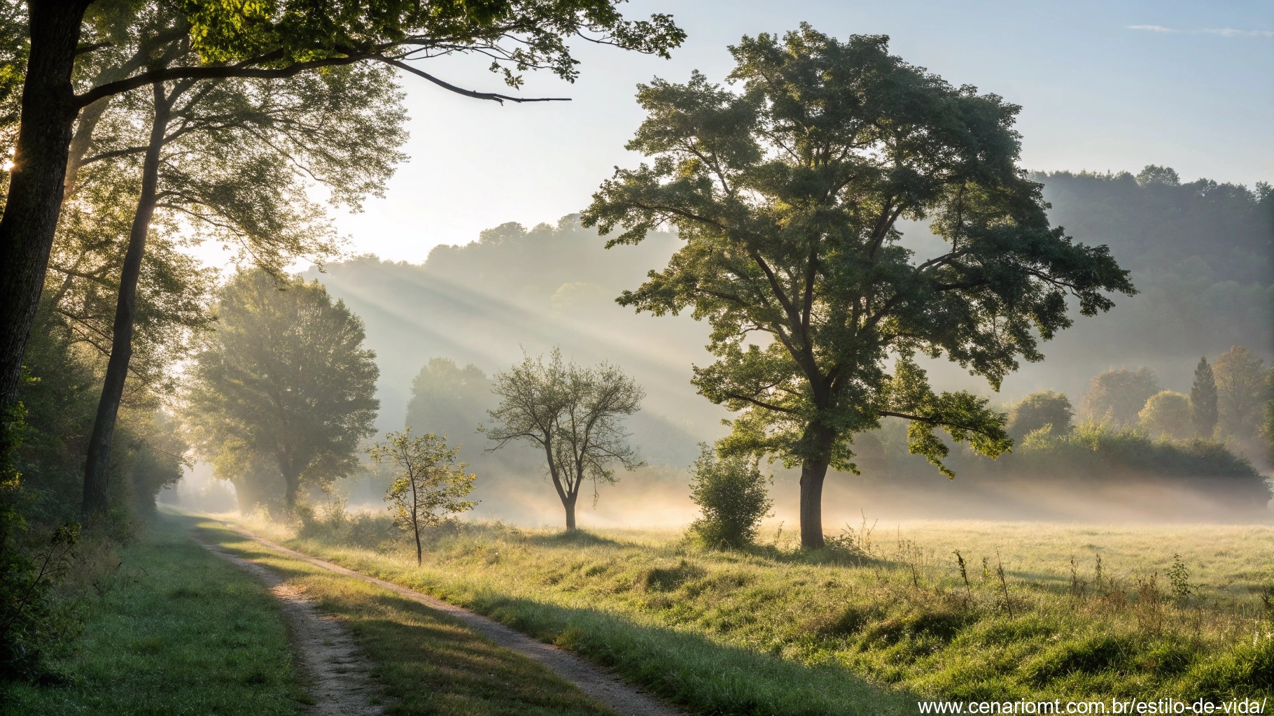 Imagem de uma paisagem tranquila ao amanhecer, simbolizando serenidade e paz interior