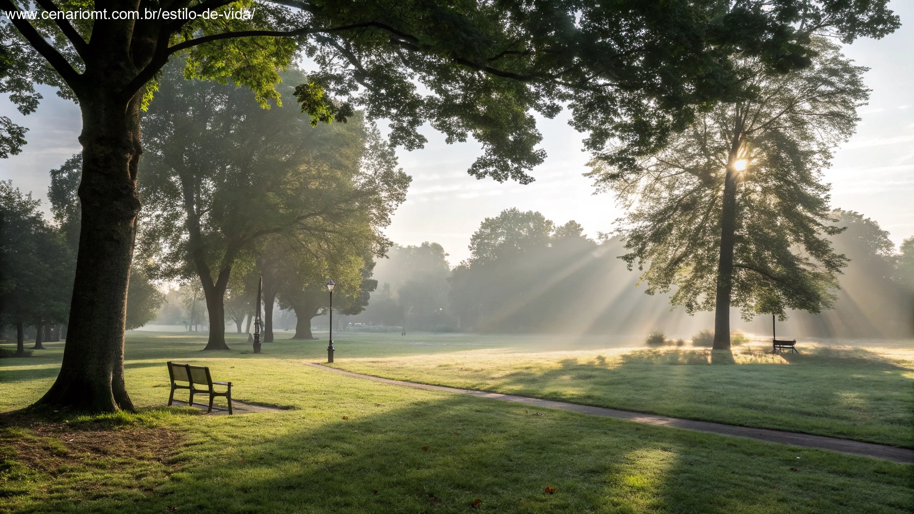 imagem de uma manhã tranquila de domingo com raios de sol e árvores em um parque sereno