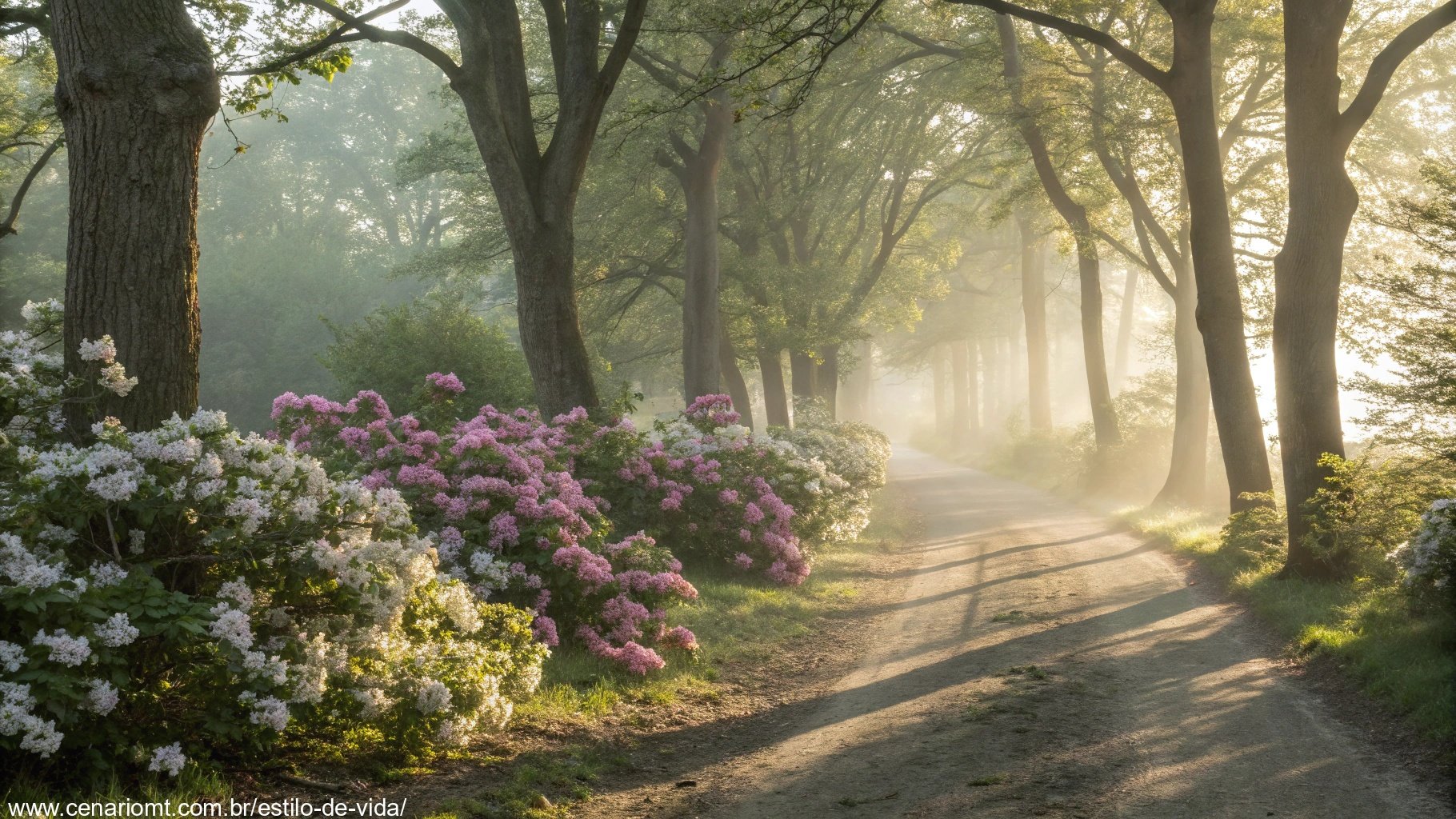 imagem de uma manhã serena em uma floresta com luz suave e flores no caminho