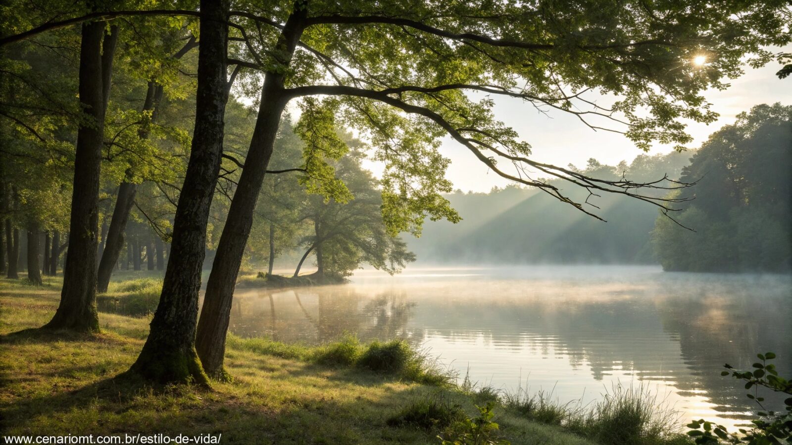 imagem de uma manhã serena com luz suave e árvores refletindo na água calma