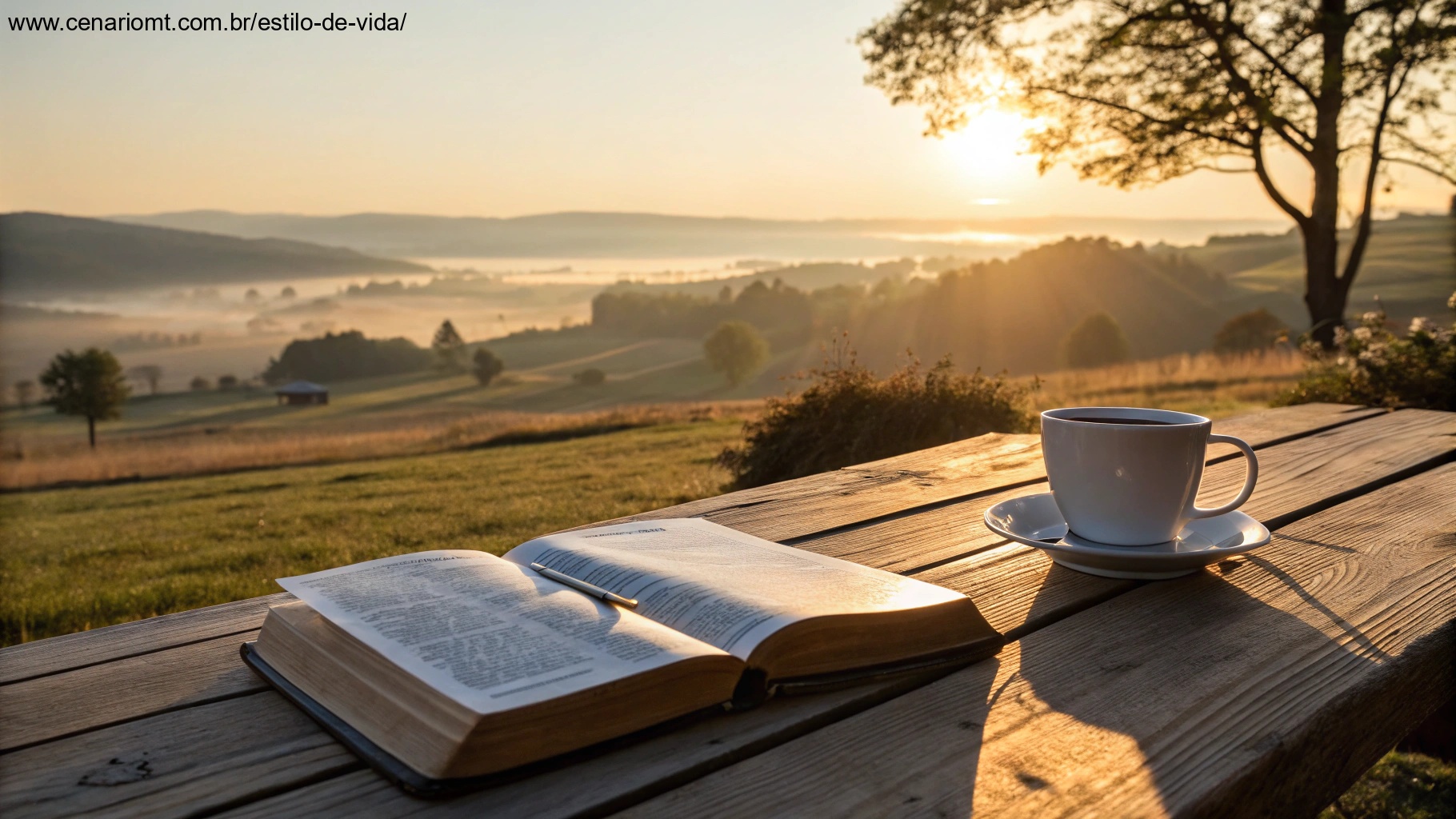 Imagem de uma Bíblia e uma xícara de café sobre uma mesa ao amanhecer, representando um momento de reflexão matinal.