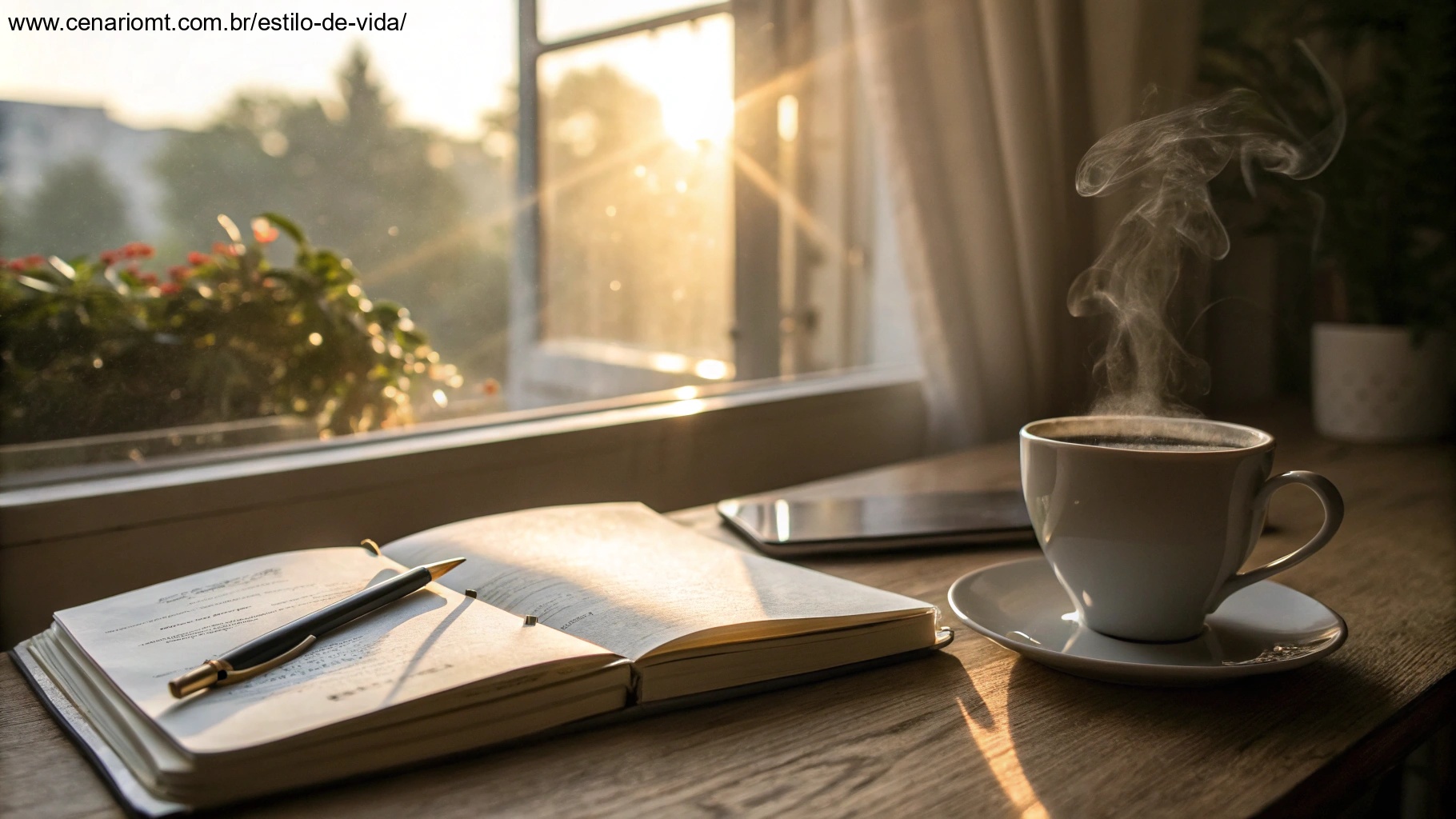 Imagem de uma manhã tranquila e inspiradora com luz do sol suave e uma xícara de café.
