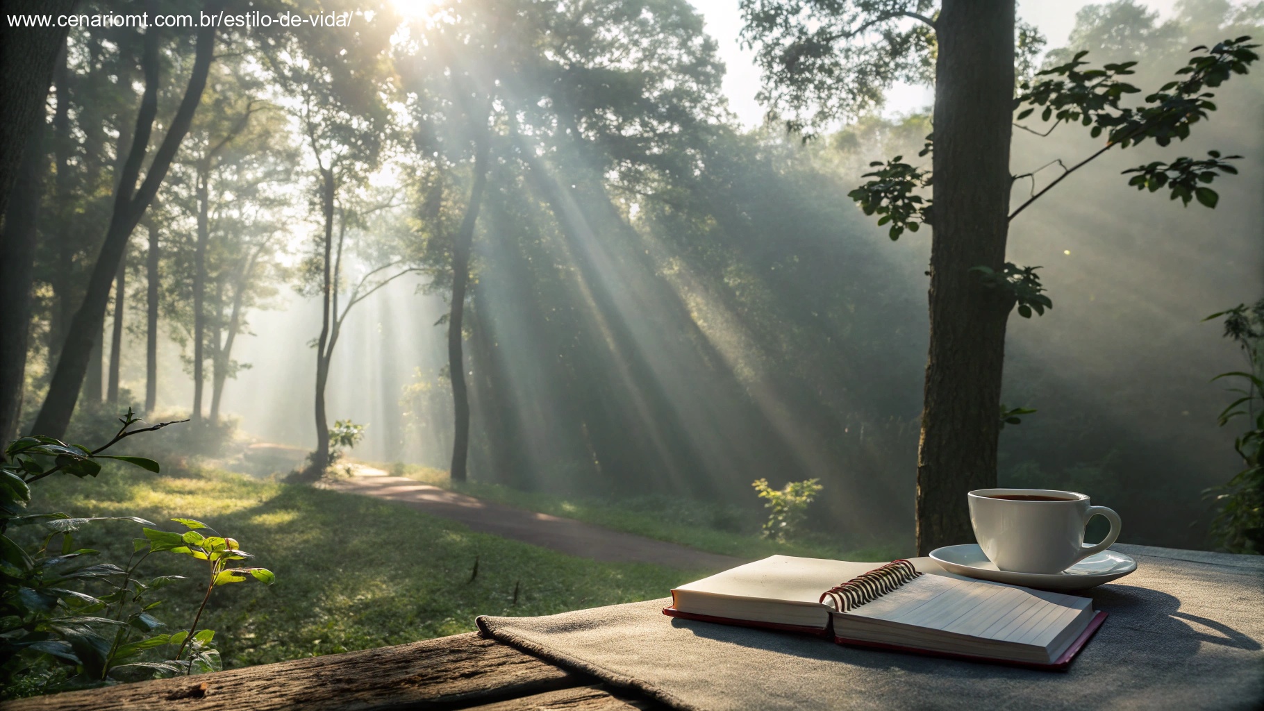 Imagem de uma manhã tranquila com raios de sol, uma xícara de café e um caderno, representando inspiração para a terça-feira.