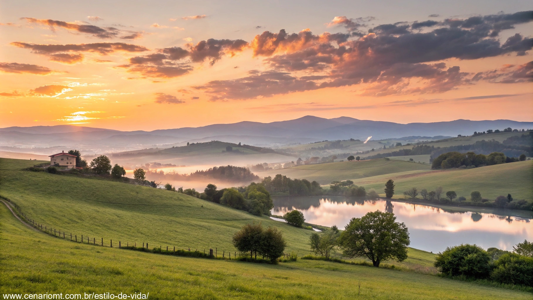 imagem de um nascer do sol tranquilo em uma paisagem campestre serena