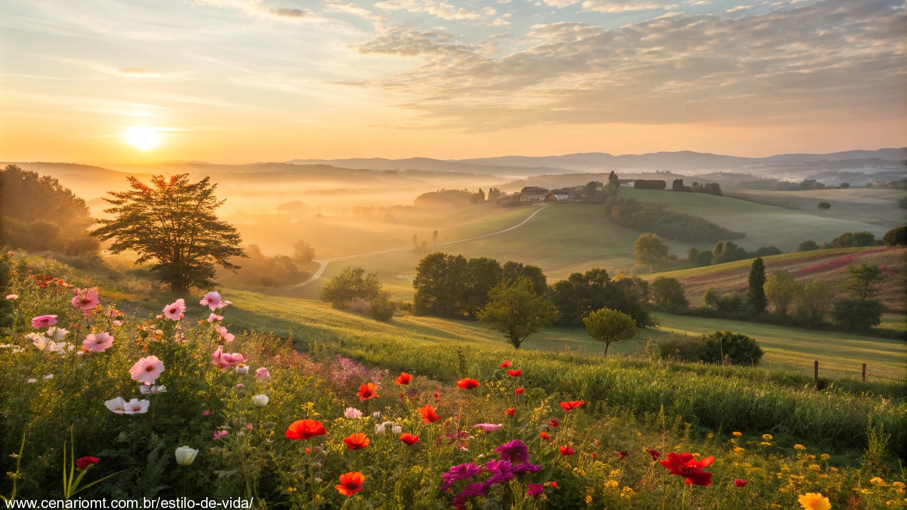 Imagem de um amanhecer inspirador de sábado com paisagem tranquila e luz suave.