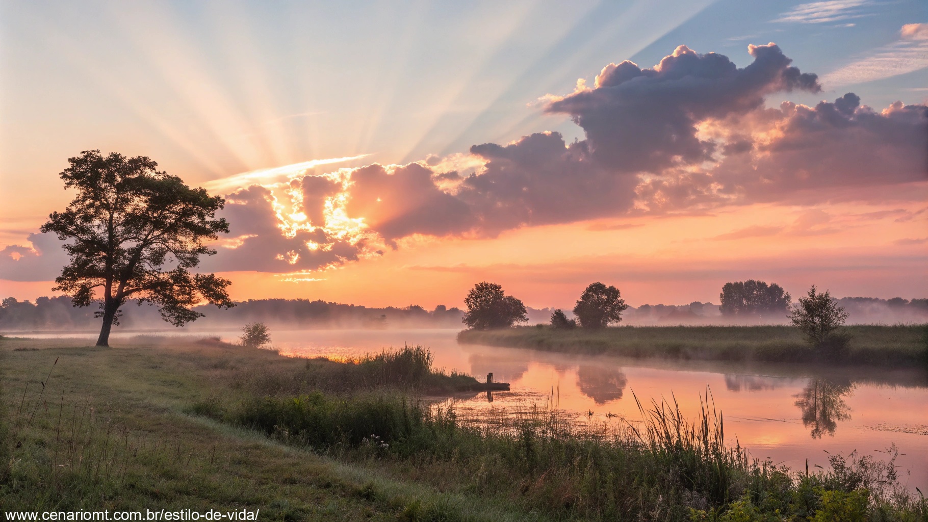 imagem de um amanhecer tranquilo com raios de sol iluminando uma paisagem serena