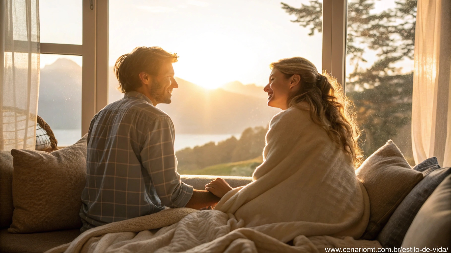 Imagem de casal romântico segurando as mãos em uma manhã ensolarada