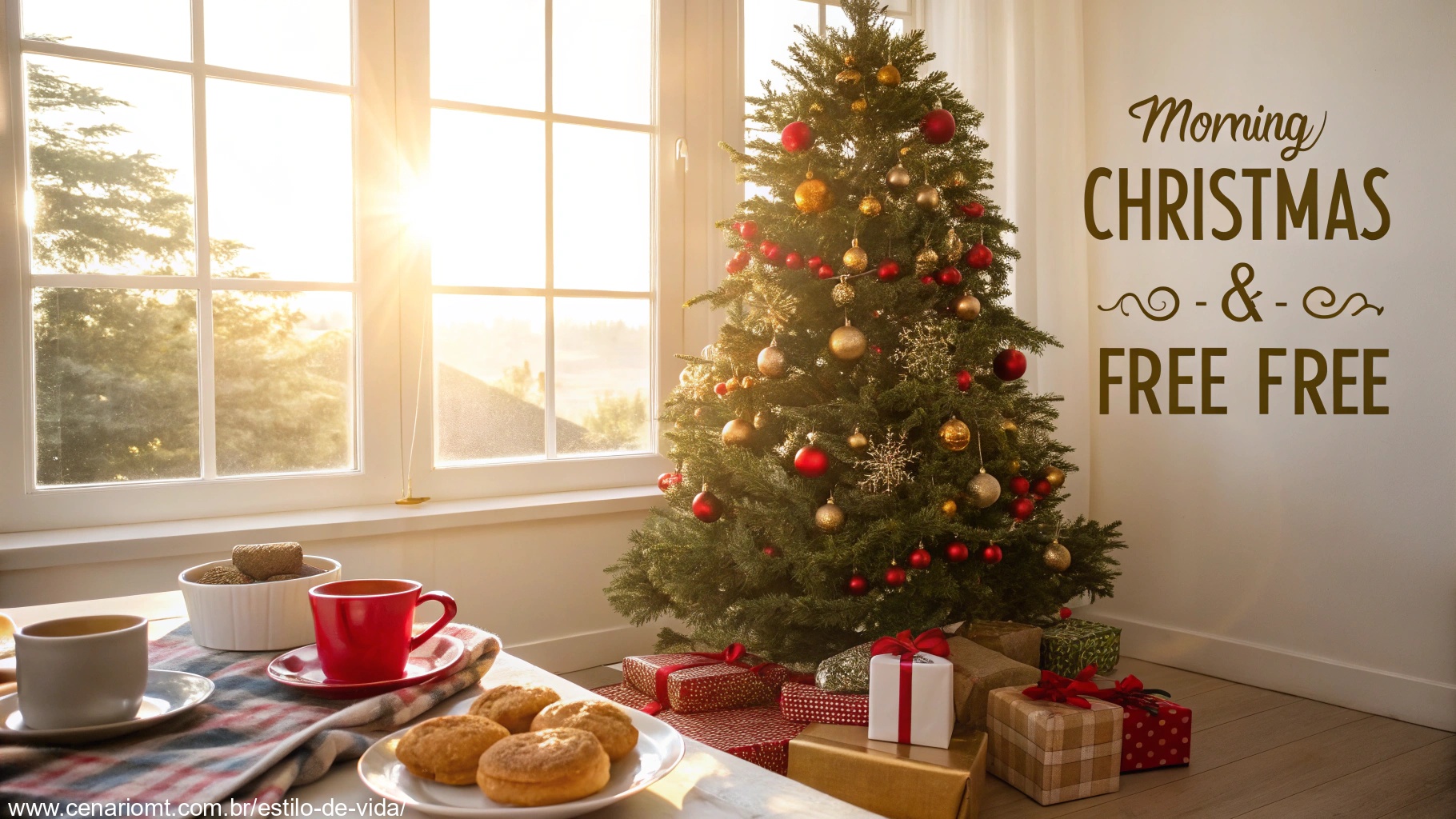 Imagem de uma manhã de Natal com luz do sol, árvore de Natal decorada e mesa de café da manhã aconchegante.