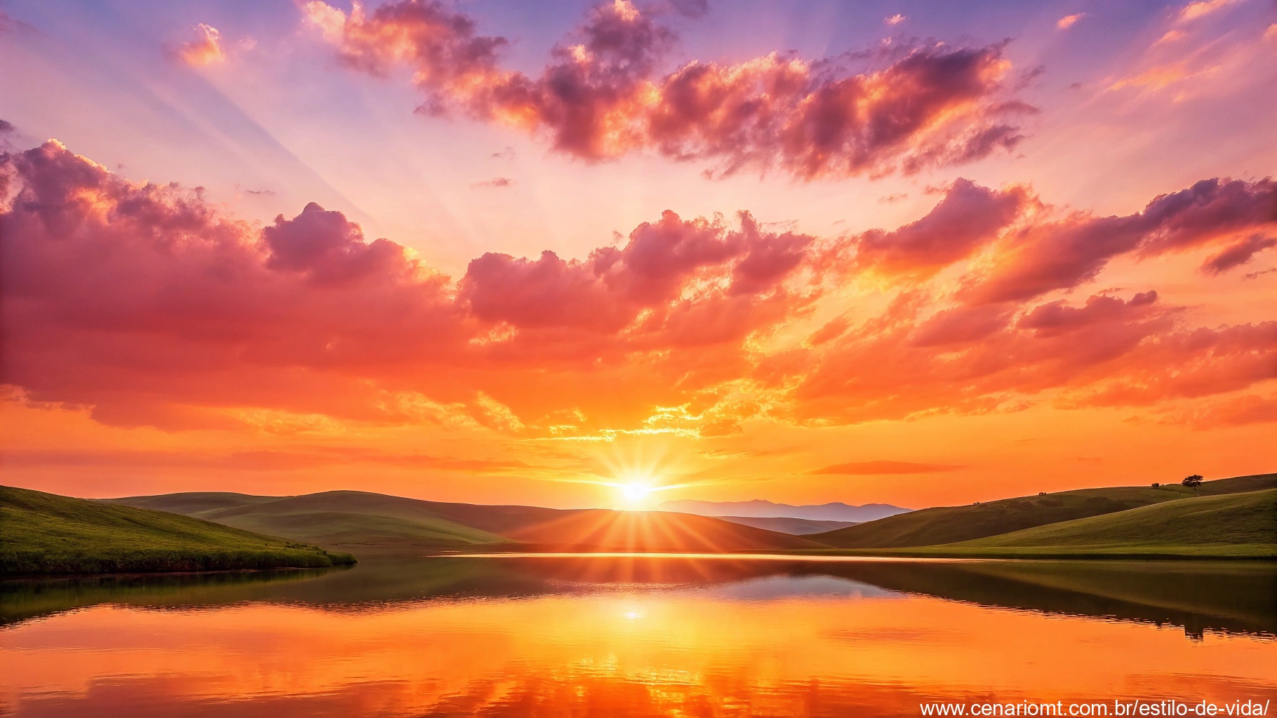 Imagem de um nascer do sol brilhante sobre uma paisagem tranquila, simbolizando motivação e renovação.