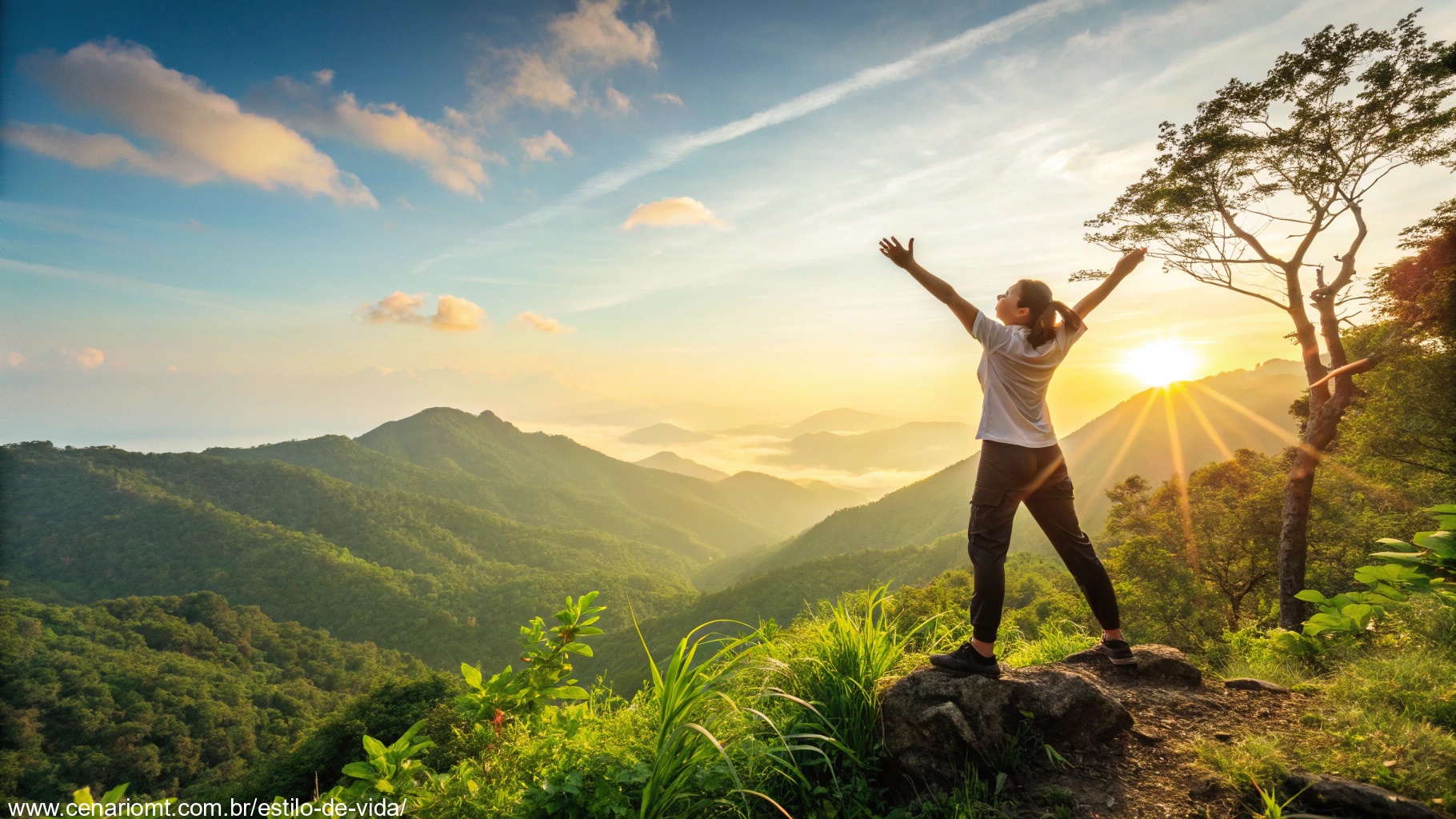 Imagem de uma pessoa motivada no topo de uma montanha com braços erguidos ao amanhecer, simbolizando energia e determinação.