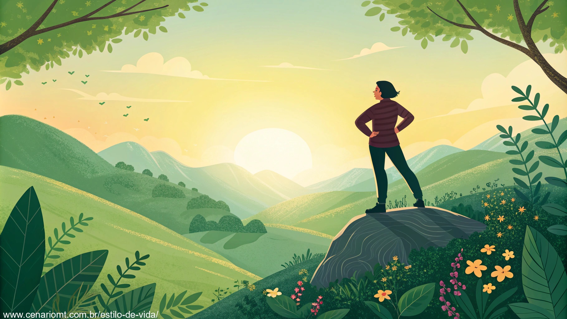 imagem de uma pessoa em um topo de montanha com o sol nascendo ao fundo, simbolizando motivação e energia positiva