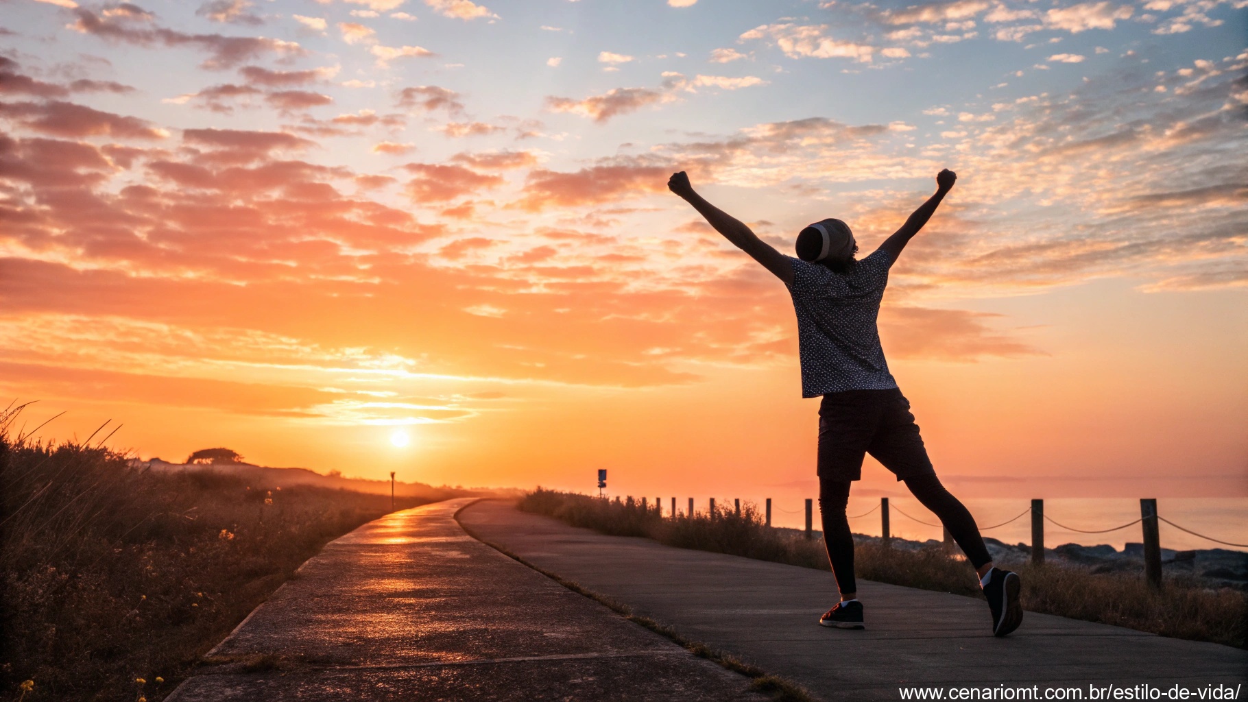 Imagem de uma manhã inspiradora com uma pessoa cheia de determinação ao amanhecer.