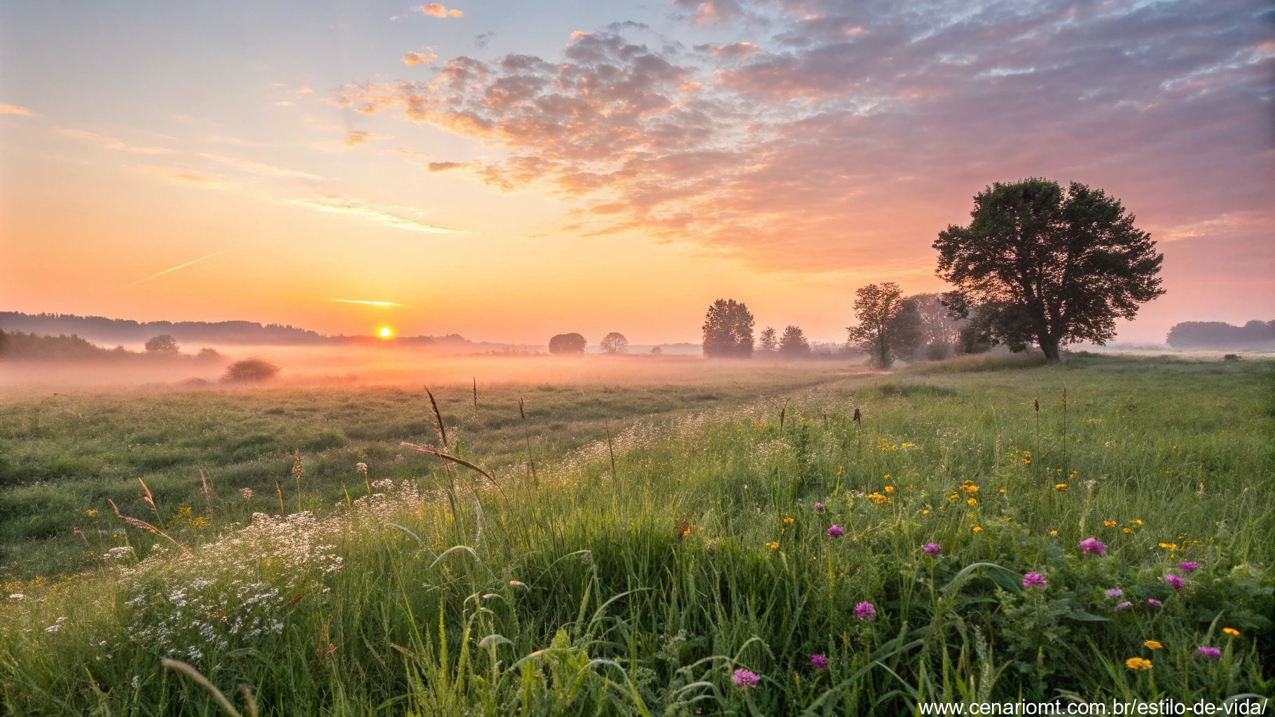 Imagem de um nascer do sol em um campo tranquilo, simbolizando motivação e novos começos.
